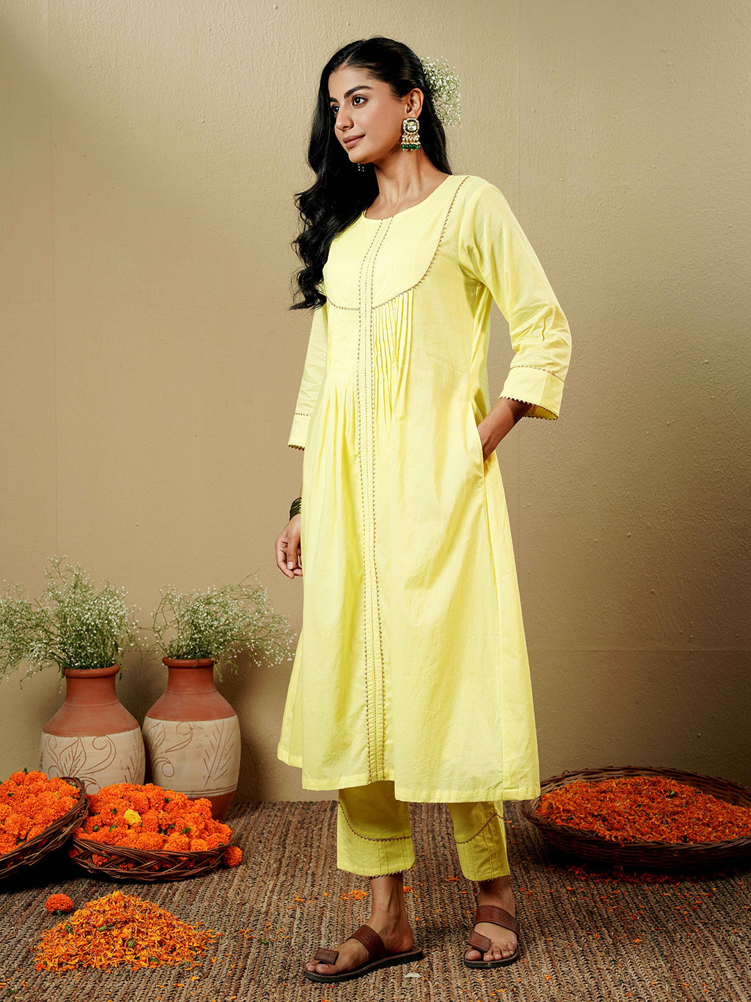 Lemon Yellow Pintuck Detail Cotton Kurta Set