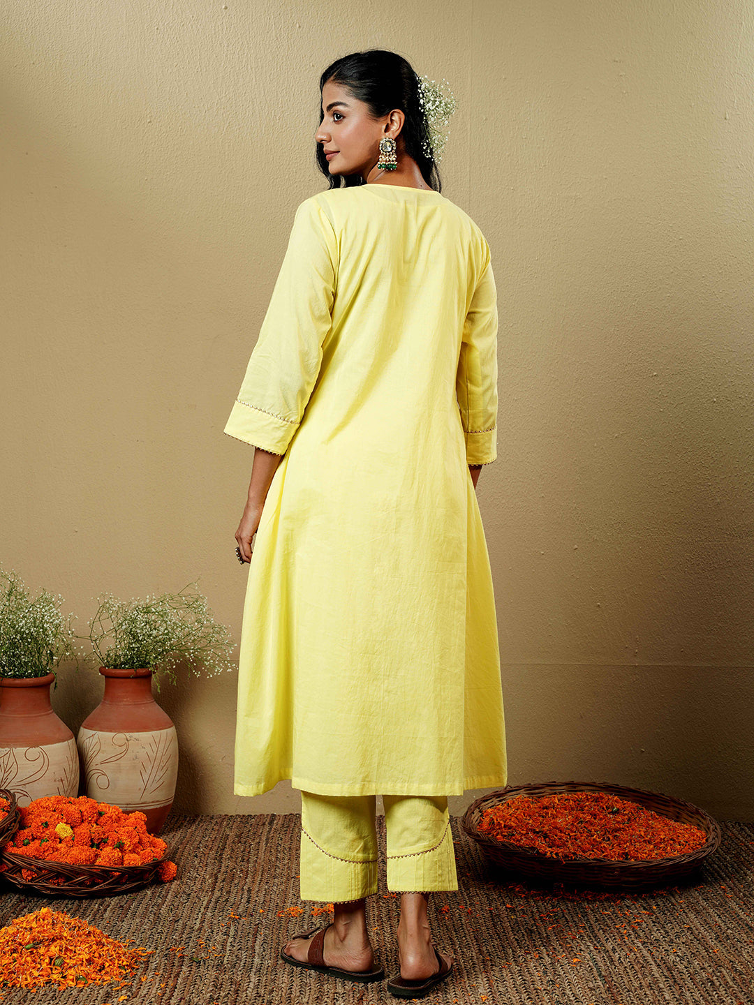 Lemon Yellow Pintuck Detail Cotton Kurta Set