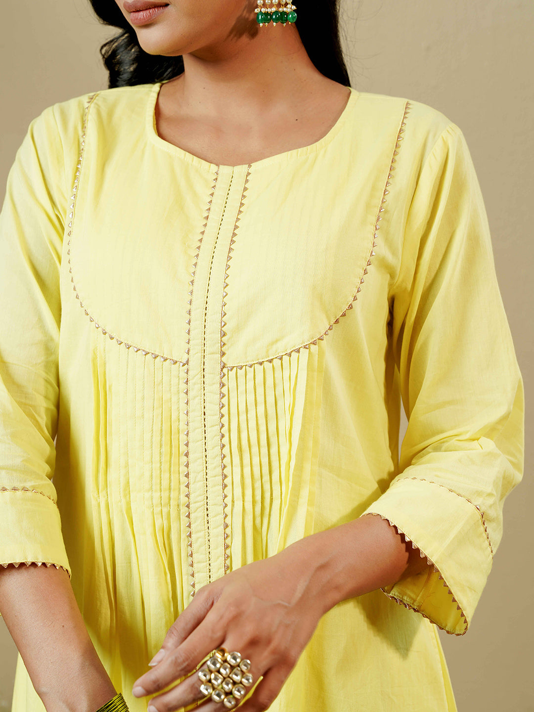 Lemon Yellow Pintuck Detail Cotton Kurta Set