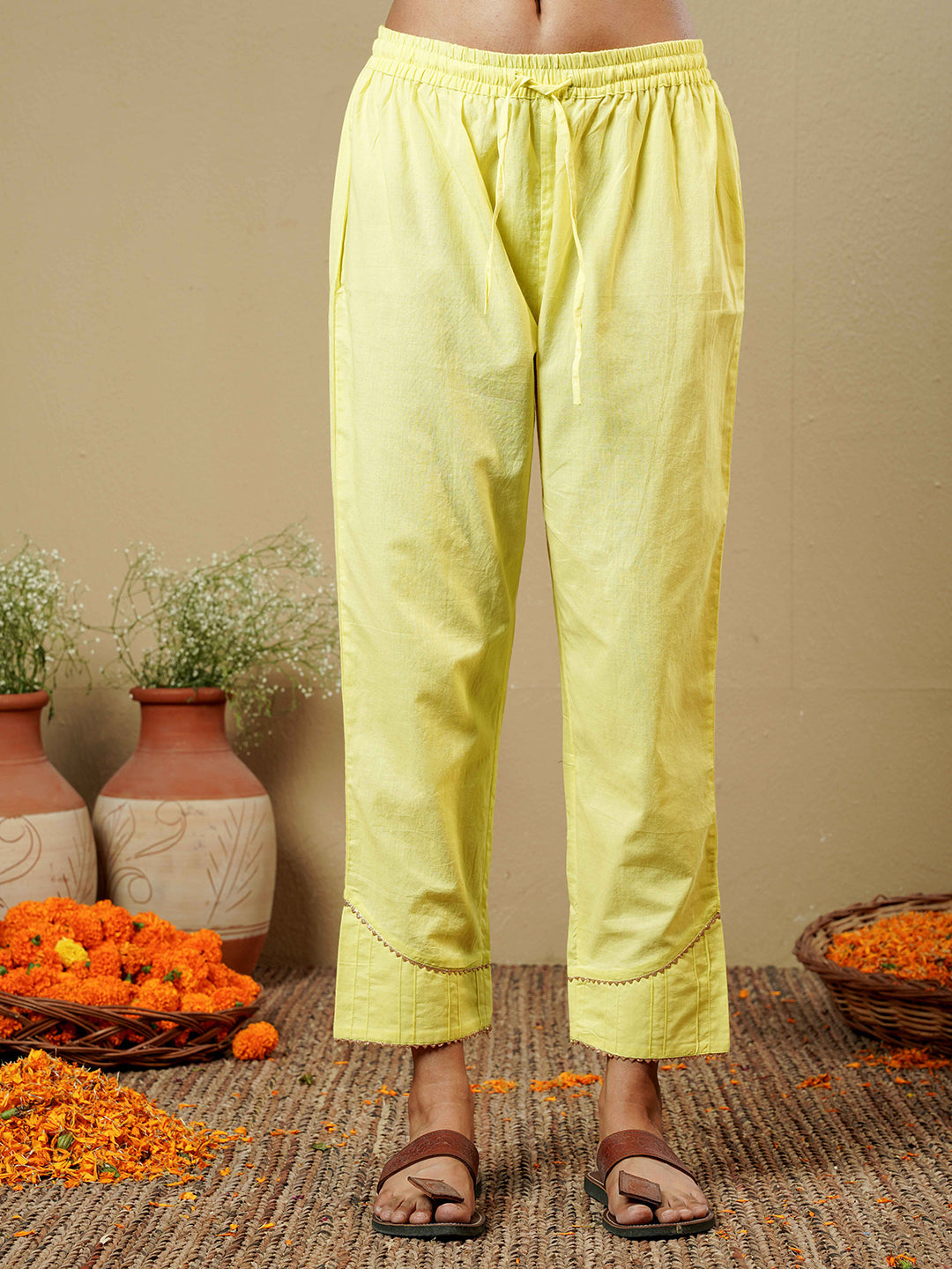 Lemon Yellow Pintuck Detail Cotton Kurta Set