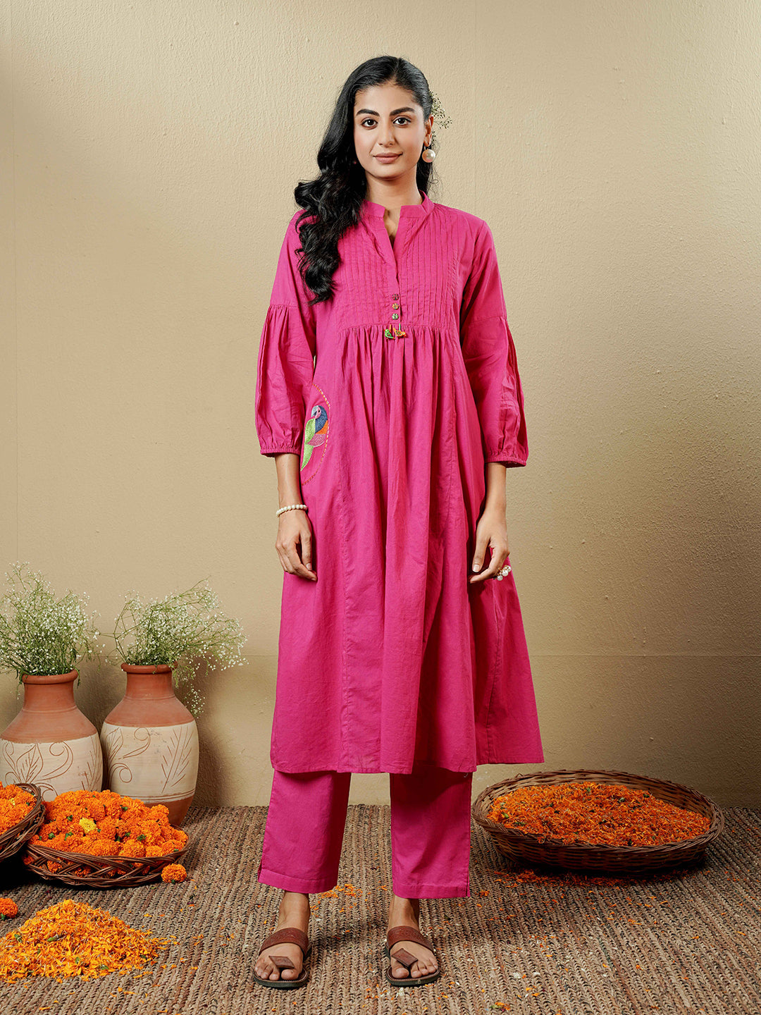 Fuchsia Pink Pintuck Detailing Cotton Kurta Set