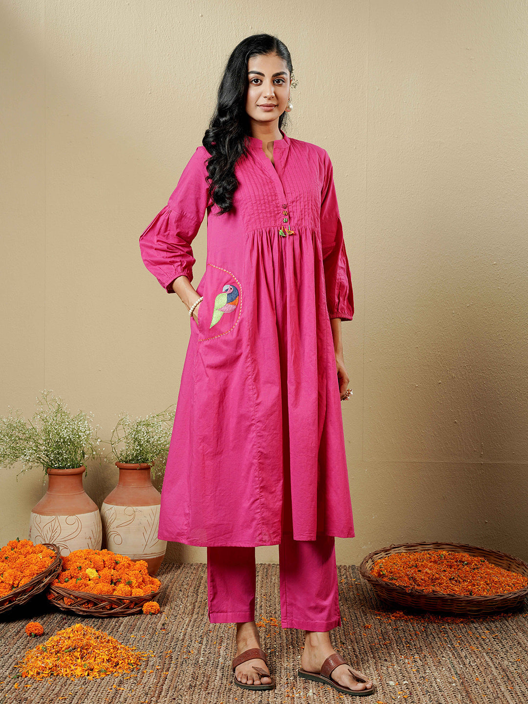 Fuchsia Pink Pintuck Detailing Cotton Kurta Set