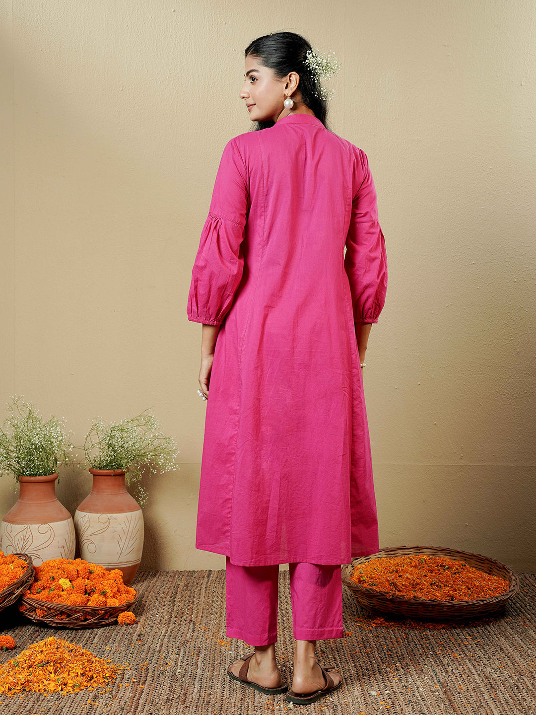 Fuchsia Pink Pintuck Detailing Cotton Kurta Set