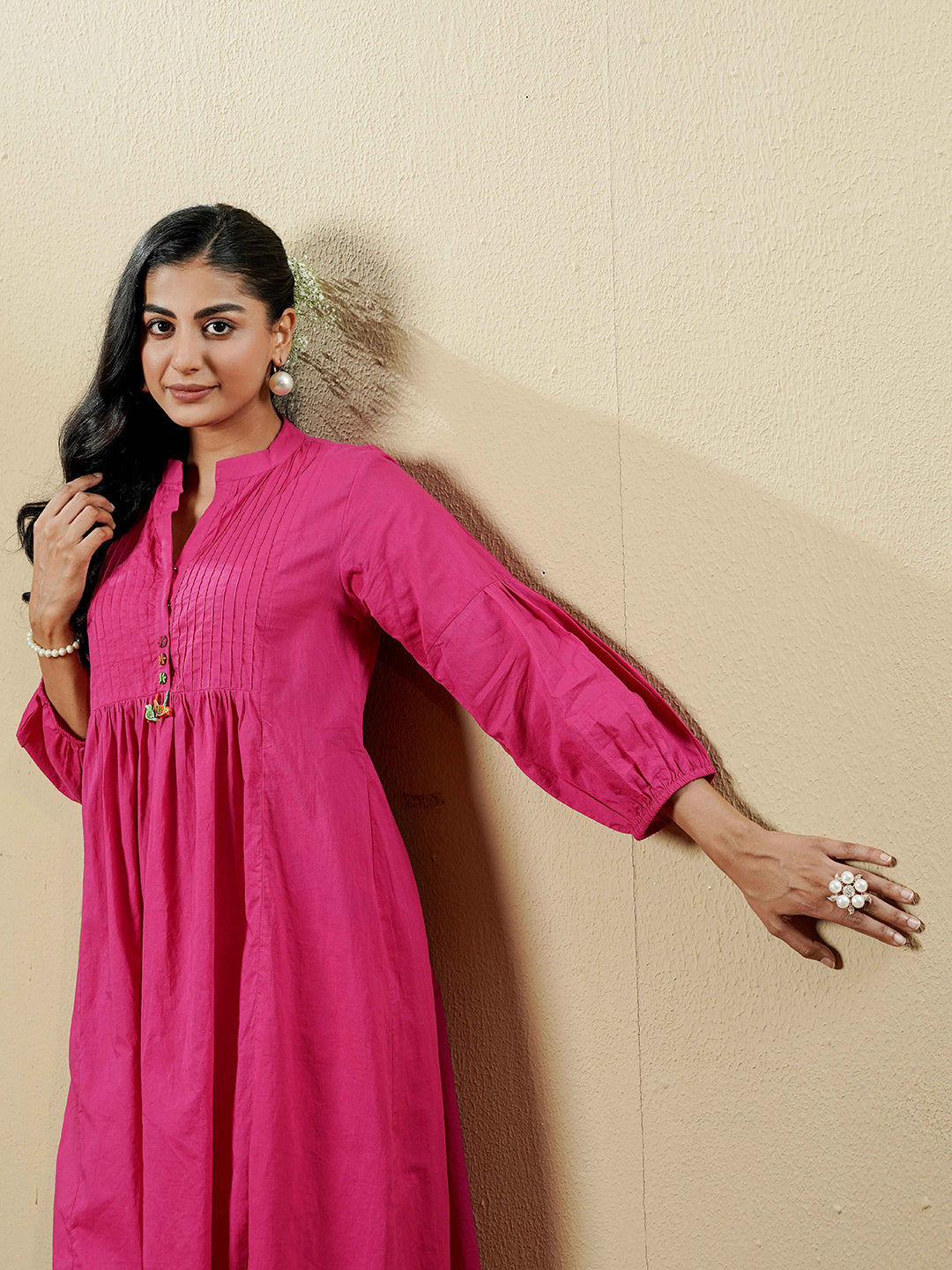 Fuchsia Pink Pintuck Detailing Cotton Kurta Set