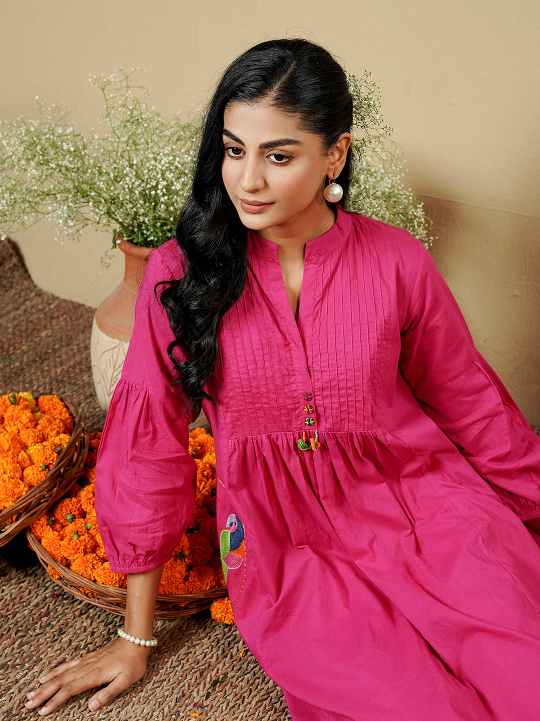 Fuchsia Pink Pintuck Detailing Cotton Kurta Set
