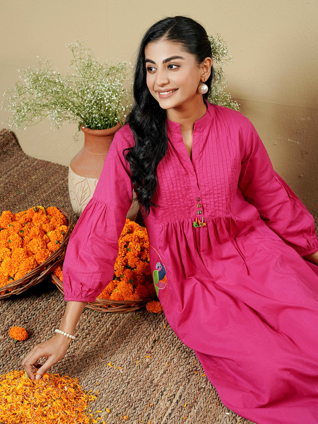 Fuchsia Pink Pintuck Detailing Cotton Kurta Set