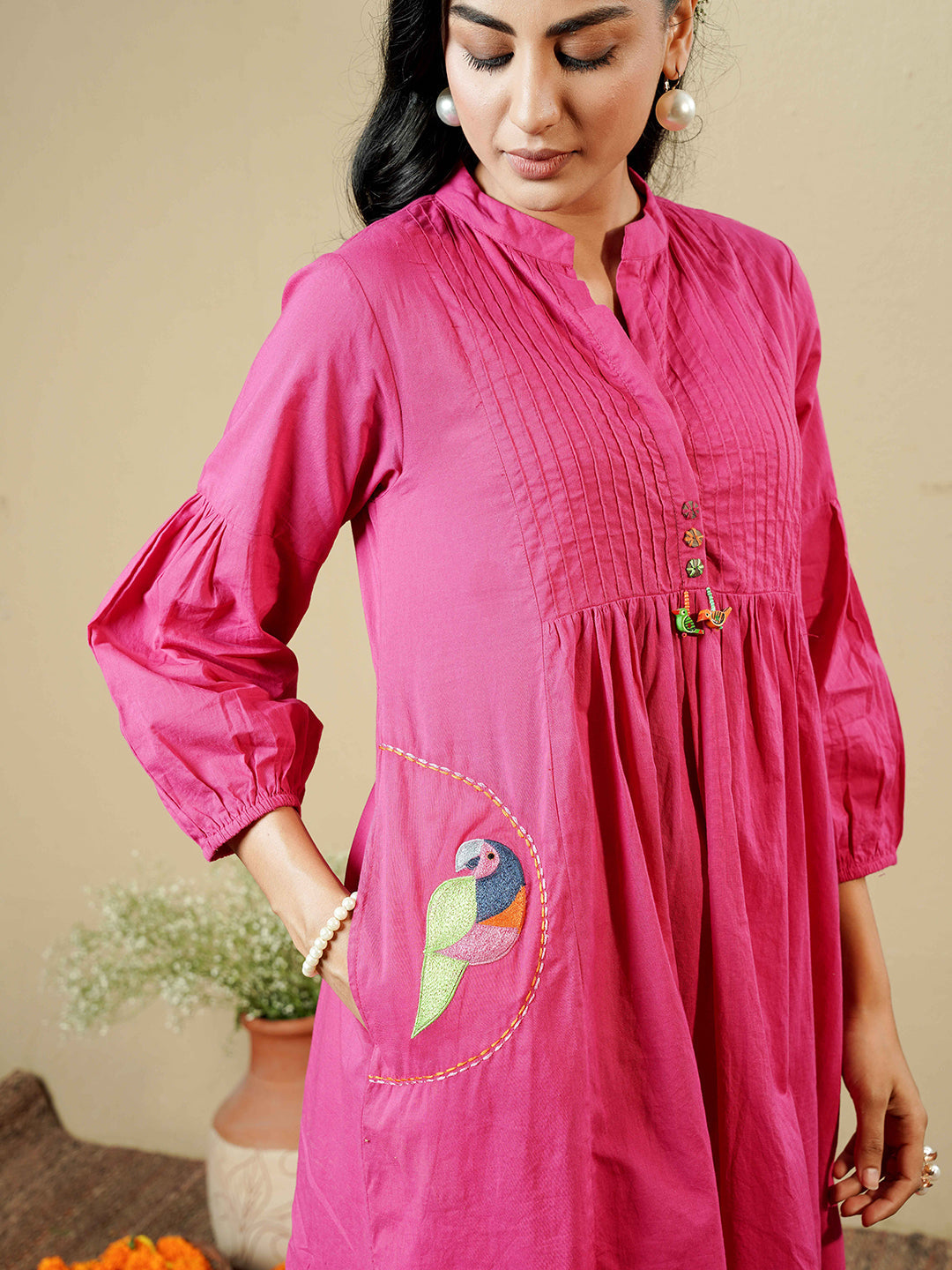 Fuchsia Pink Pintuck Detailing Cotton Kurta Set