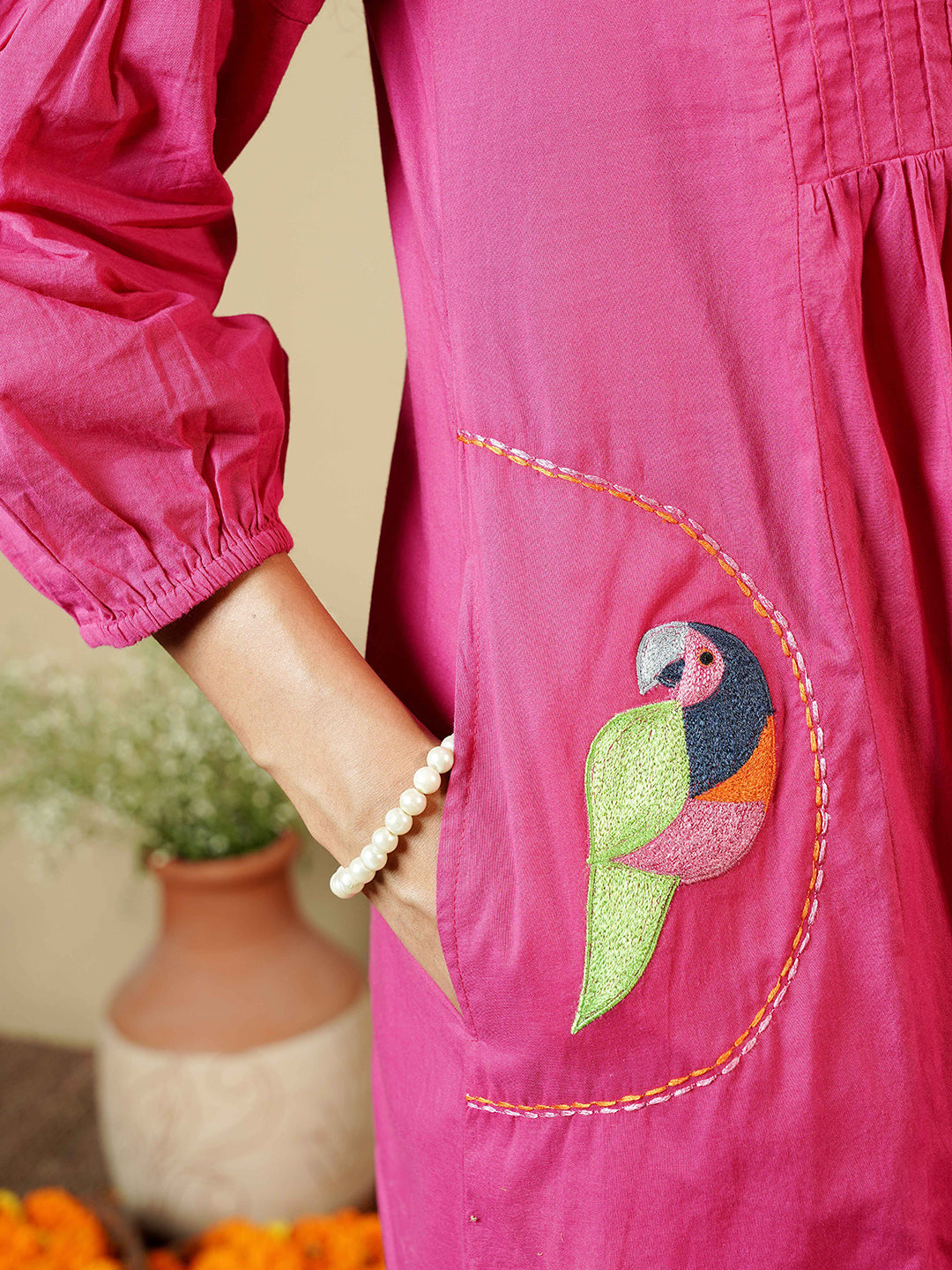 Fuchsia Pink Pintuck Detailing Cotton Kurta Set