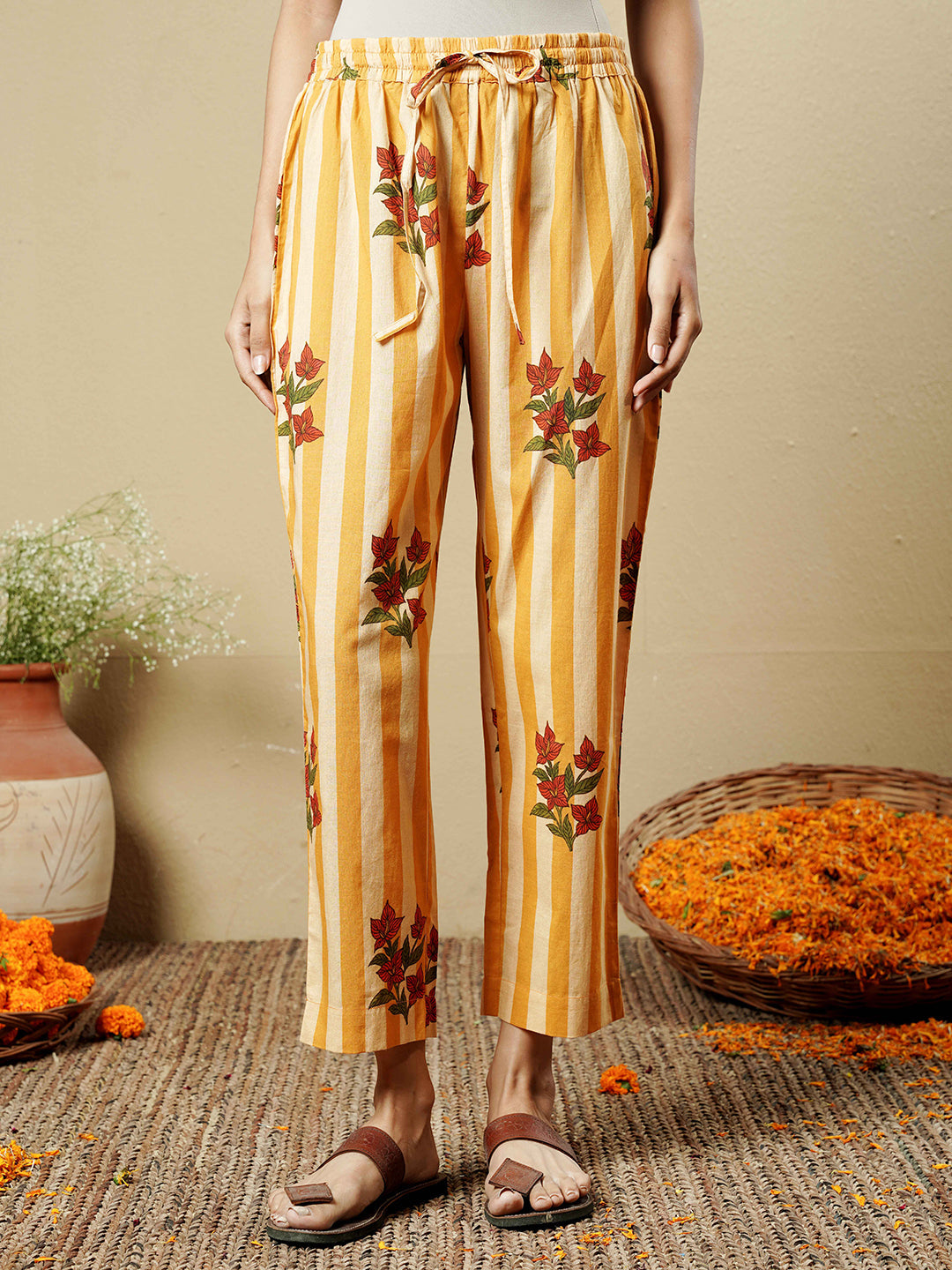 Mustard Floral Stripe Lace Trim Cotton Kurta Set