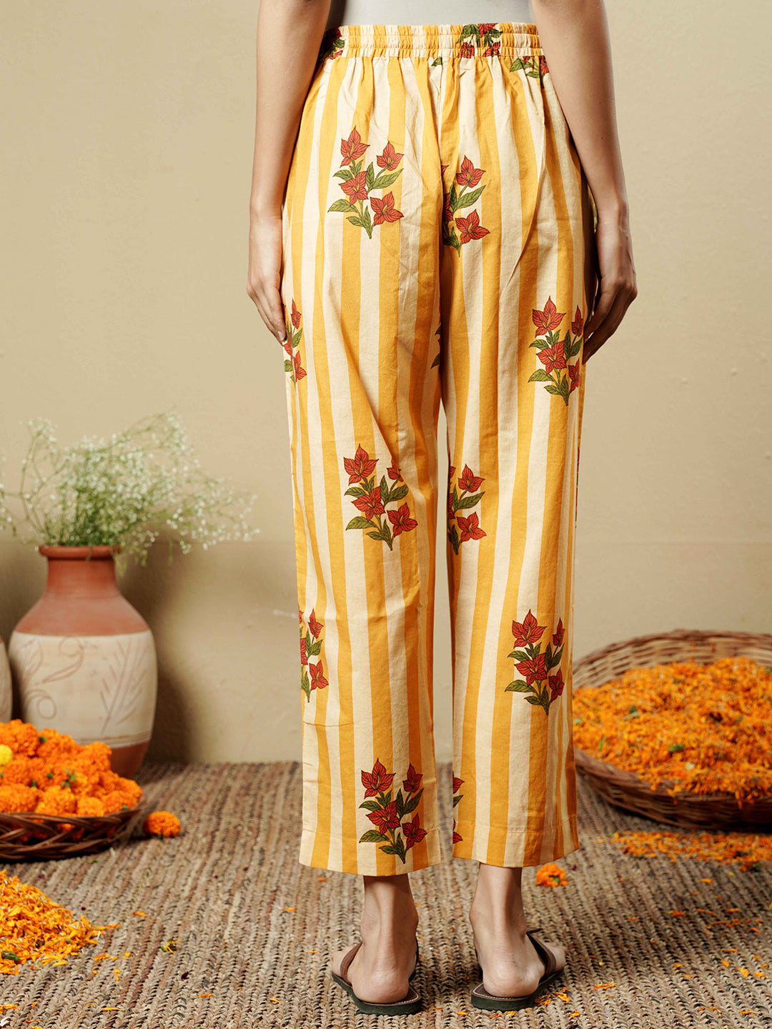 Mustard Floral Stripe Lace Trim Cotton Kurta Set