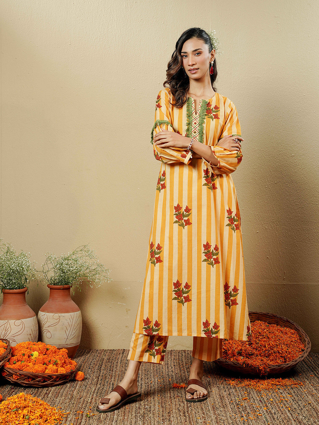 Mustard Floral Stripe Lace Trim Cotton Kurta Set