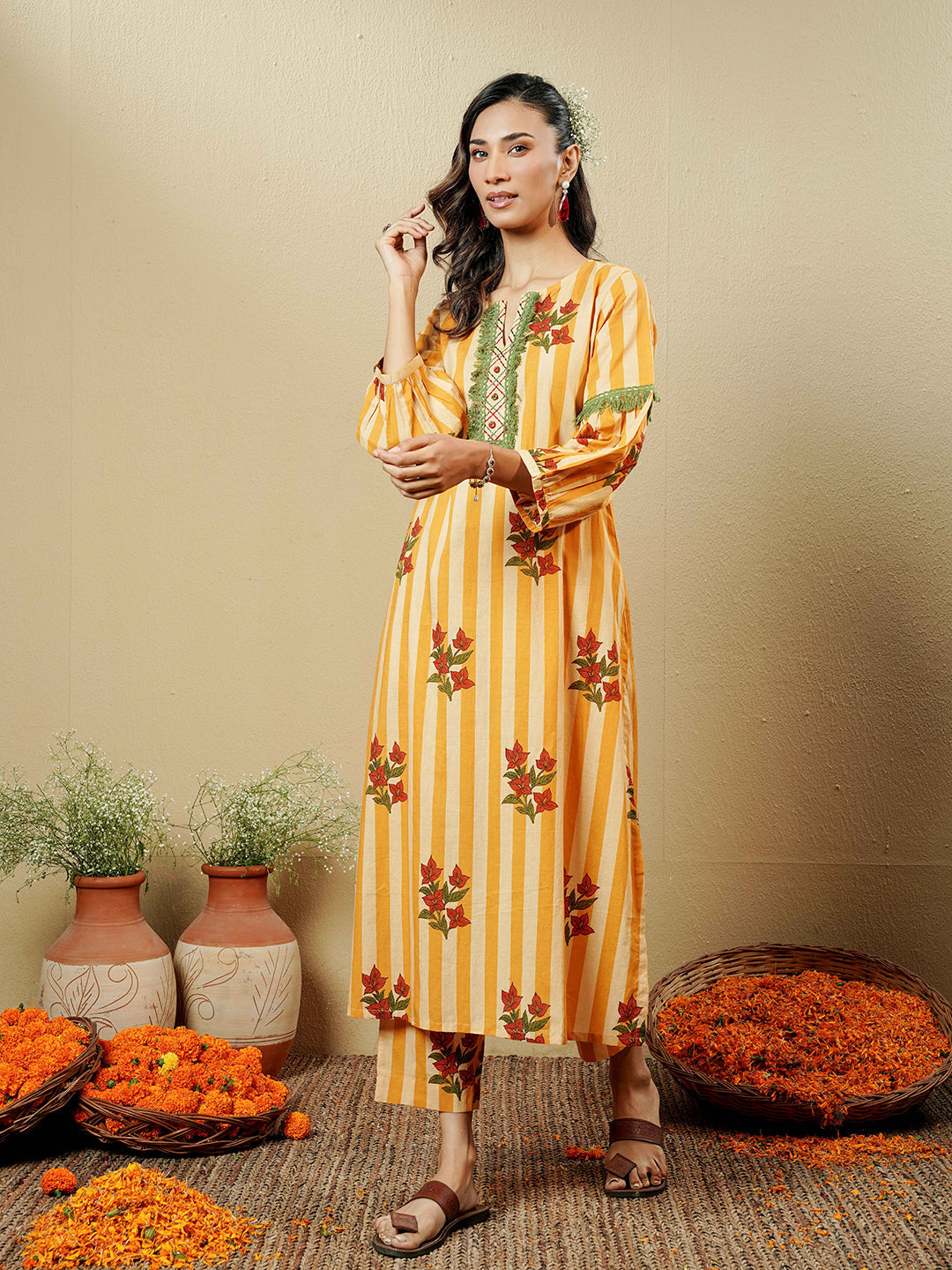 Mustard Floral Stripe Lace Trim Cotton Kurta Set
