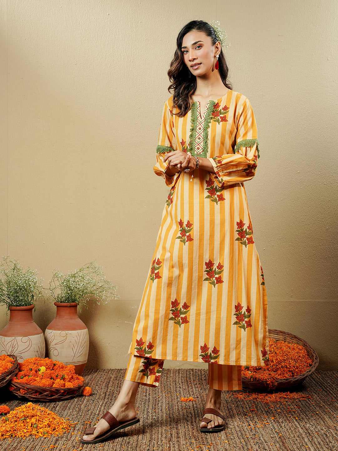 Mustard Floral Stripe Lace Trim Cotton Kurta
