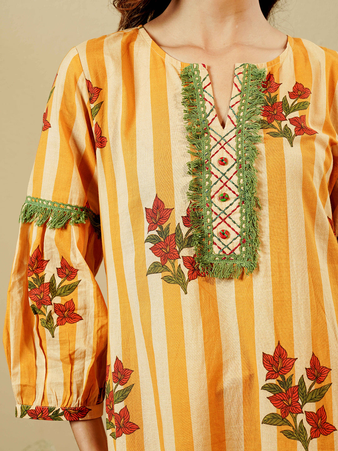 Mustard Floral Stripe Lace Trim Cotton Kurta
