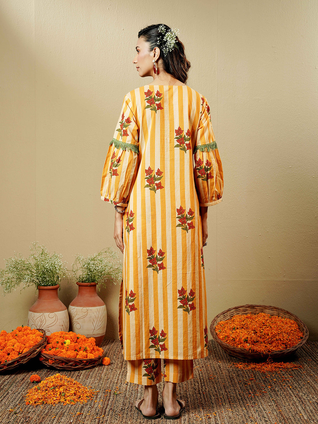 Mustard Floral Stripe Lace Trim Cotton Kurta