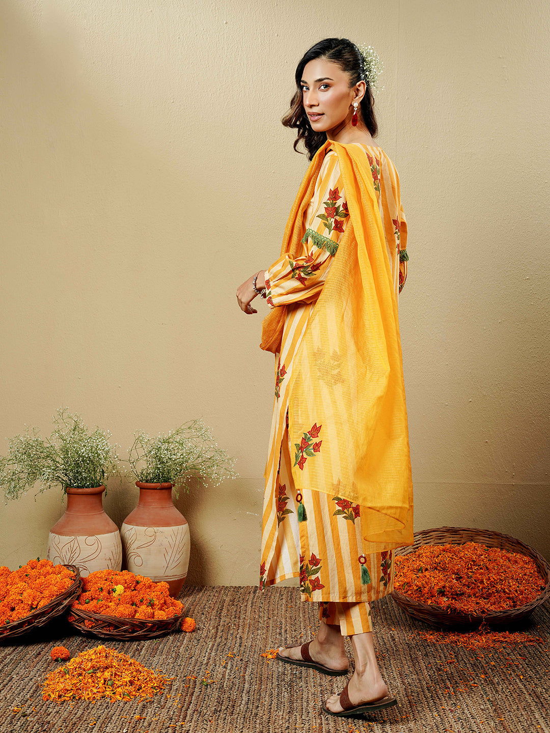 Mustard Floral Stripe Lace Trim Cotton Kurta
