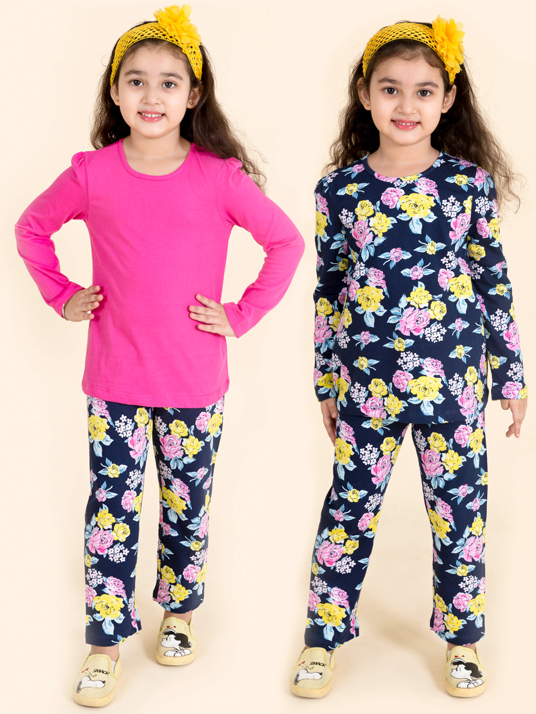 Pspeaches Girls Pack Of 2 Navy Blue Pink Printed T-Shirt With Pyjamas (NW-NAVY FLOWER COMBO)