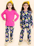 Pspeaches Girls Pack Of 2 Navy Blue Pink Printed T-Shirt With Pyjamas (NW-NAVY FLOWER COMBO)