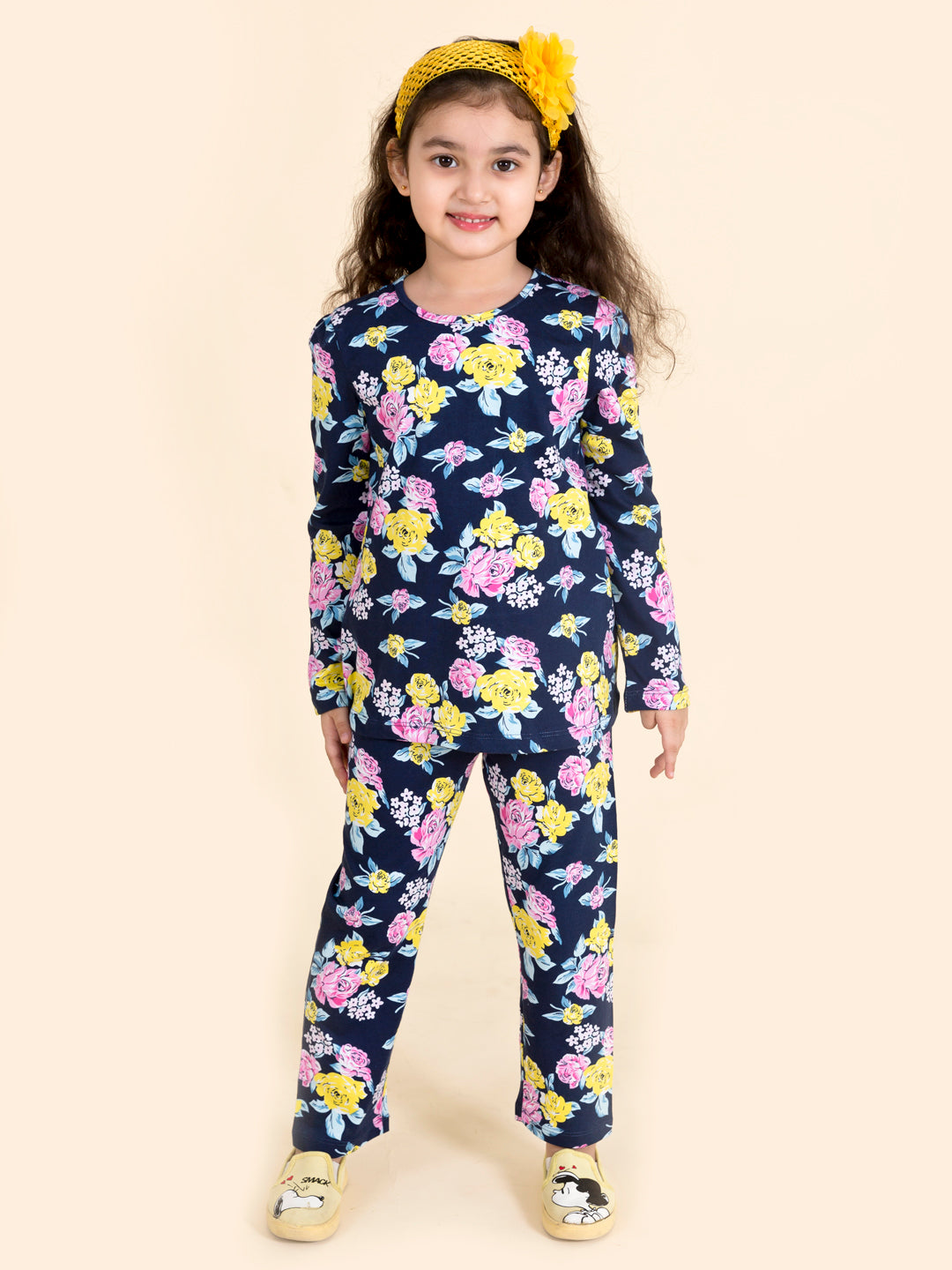Pspeaches Girls Pack Of 2 Navy Blue Pink Printed T-Shirt With Pyjamas (NW-NAVY FLOWER COMBO)