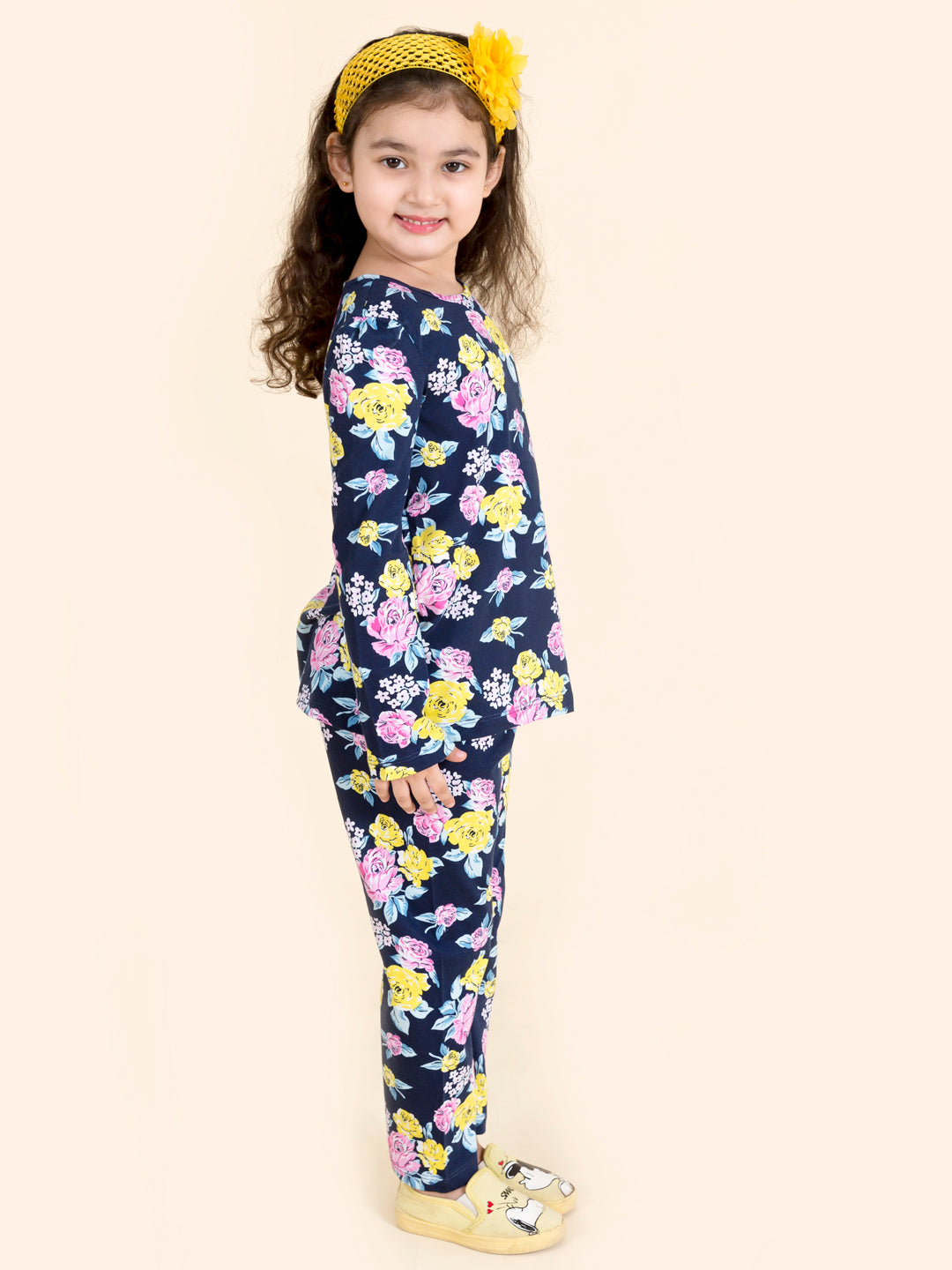 Pspeaches Girls Pack Of 2 Navy Blue Pink Printed T-Shirt With Pyjamas (NW-NAVY FLOWER COMBO)