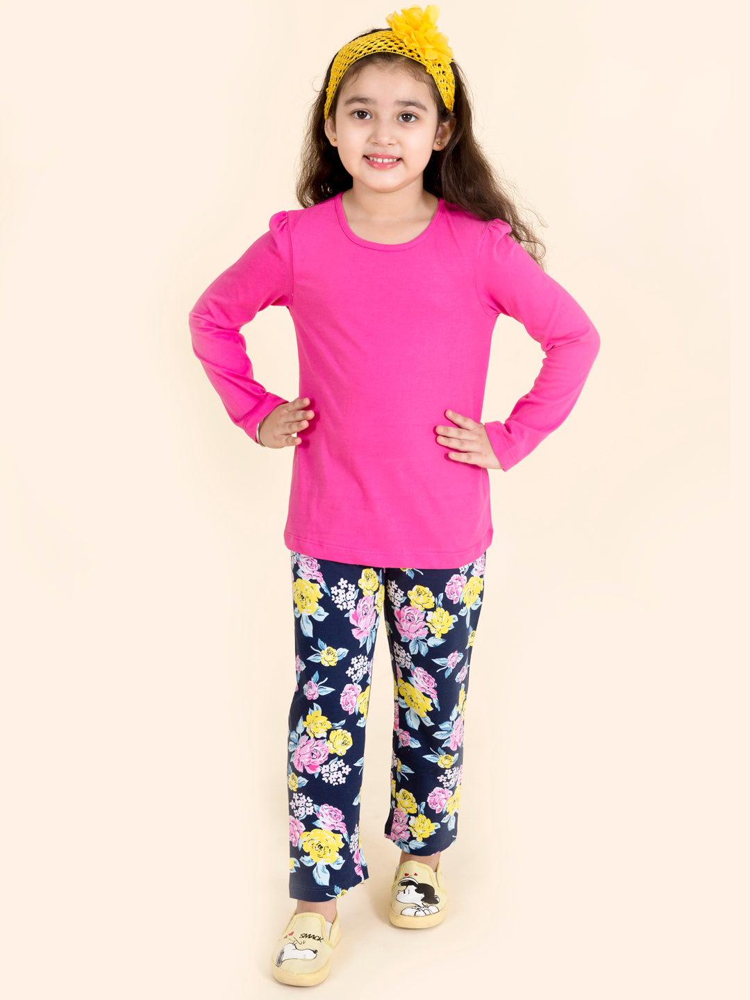 Pspeaches Girls Pack Of 2 Navy Blue Pink Printed T-Shirt With Pyjamas (NW-NAVY FLOWER COMBO)