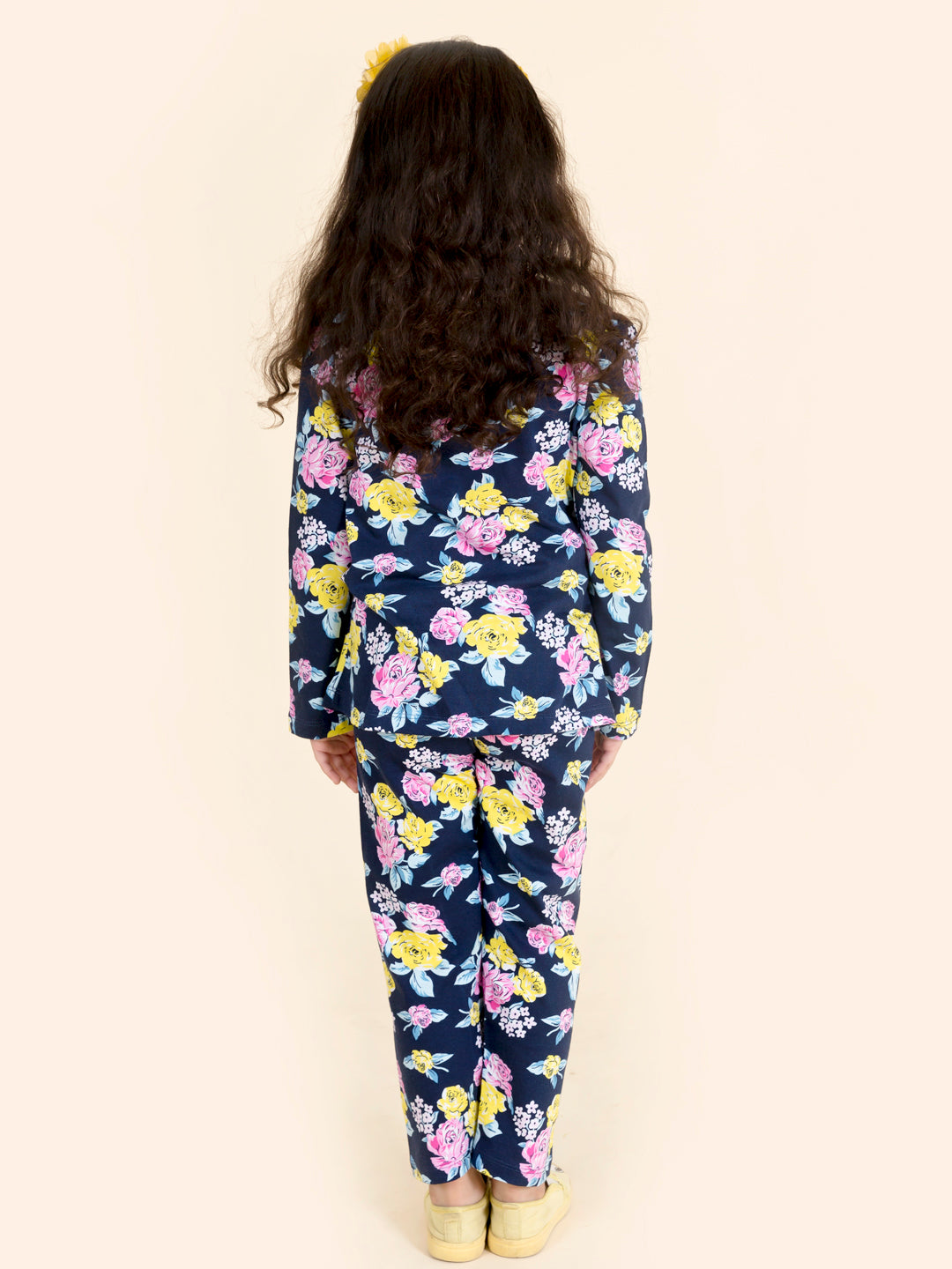 Pspeaches Girls Pack Of 2 Navy Blue Pink Printed T-Shirt With Pyjamas (NW-NAVY FLOWER COMBO)
