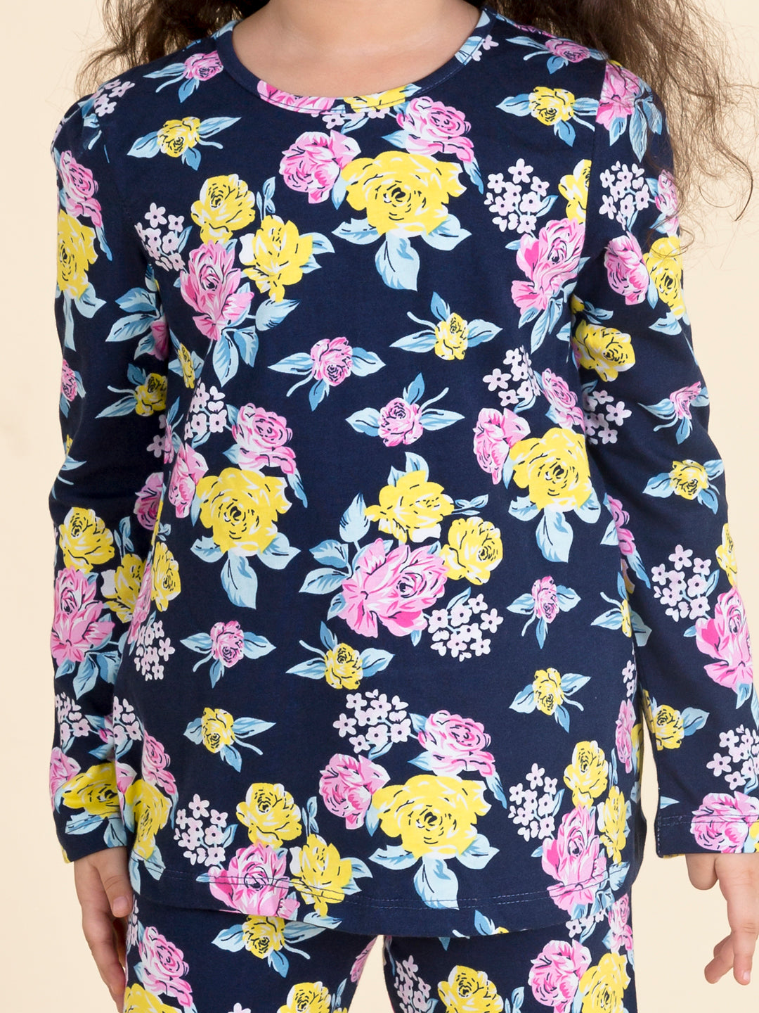 Pspeaches Girls Pack Of 2 Navy Blue Pink Printed T-Shirt With Pyjamas (NW-NAVY FLOWER COMBO)