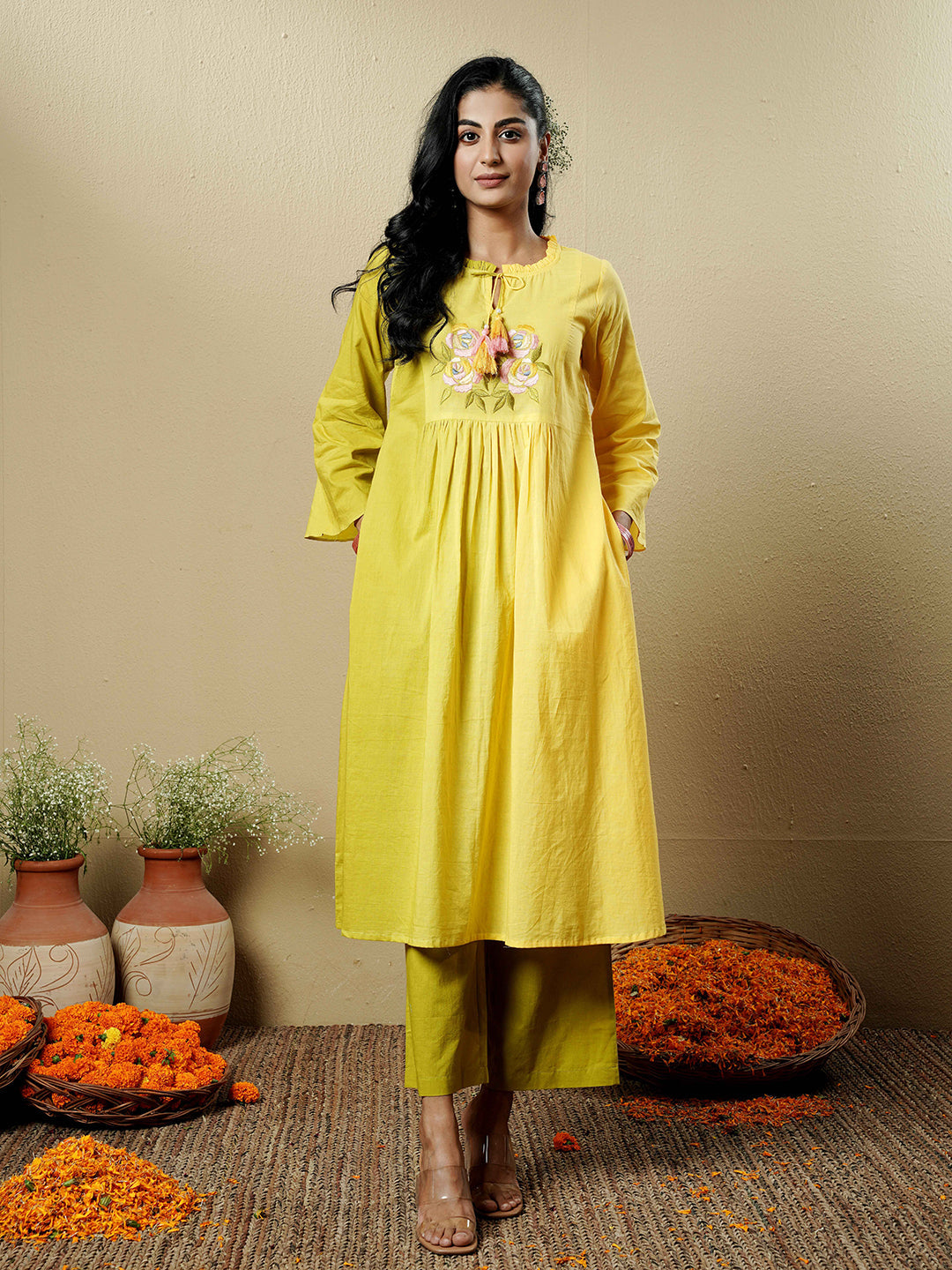 Green-Yellow Ombre Embroidered Cotton Kurta Set