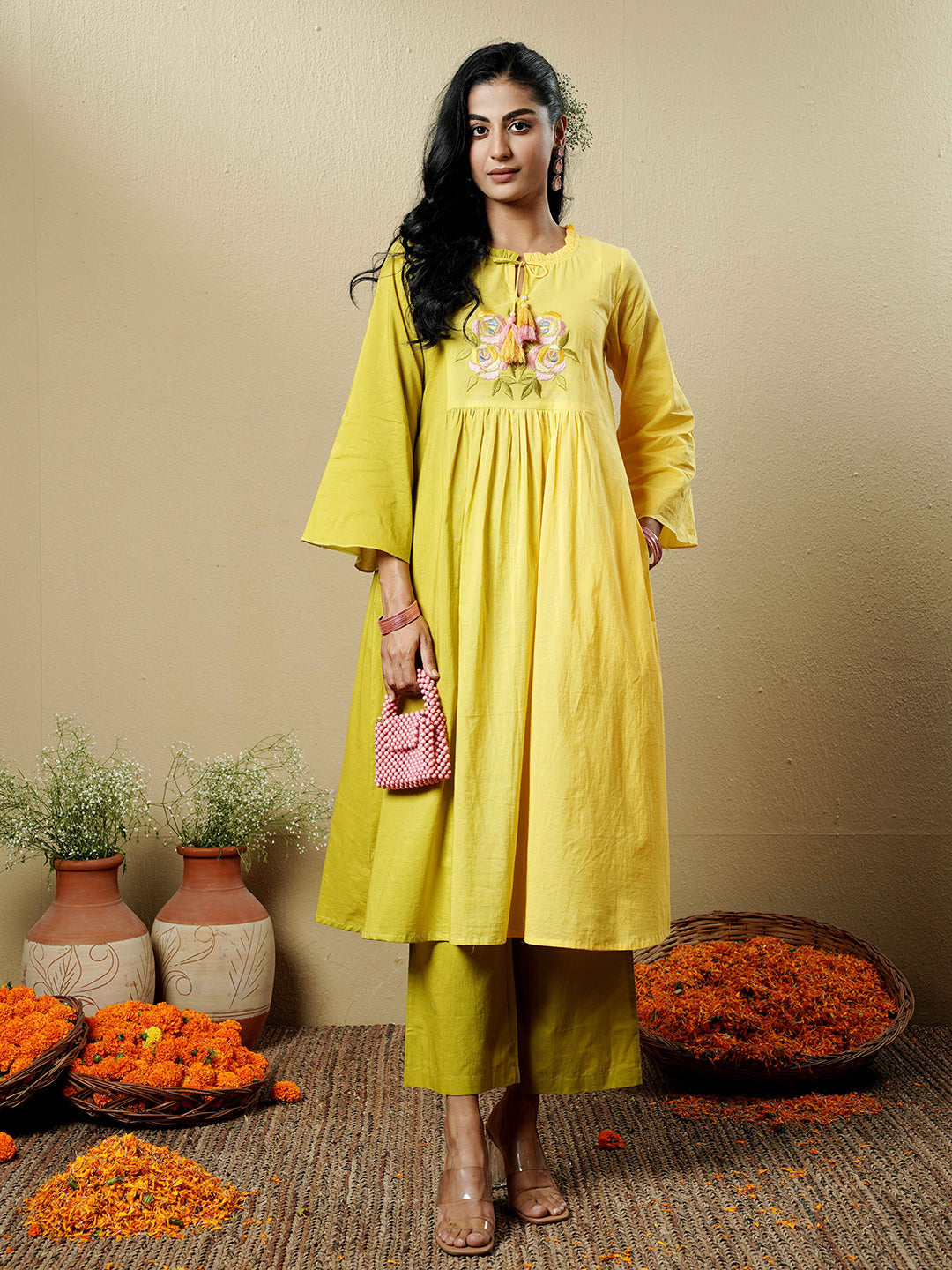 Green-Yellow Ombre Embroidered Cotton Kurta Set