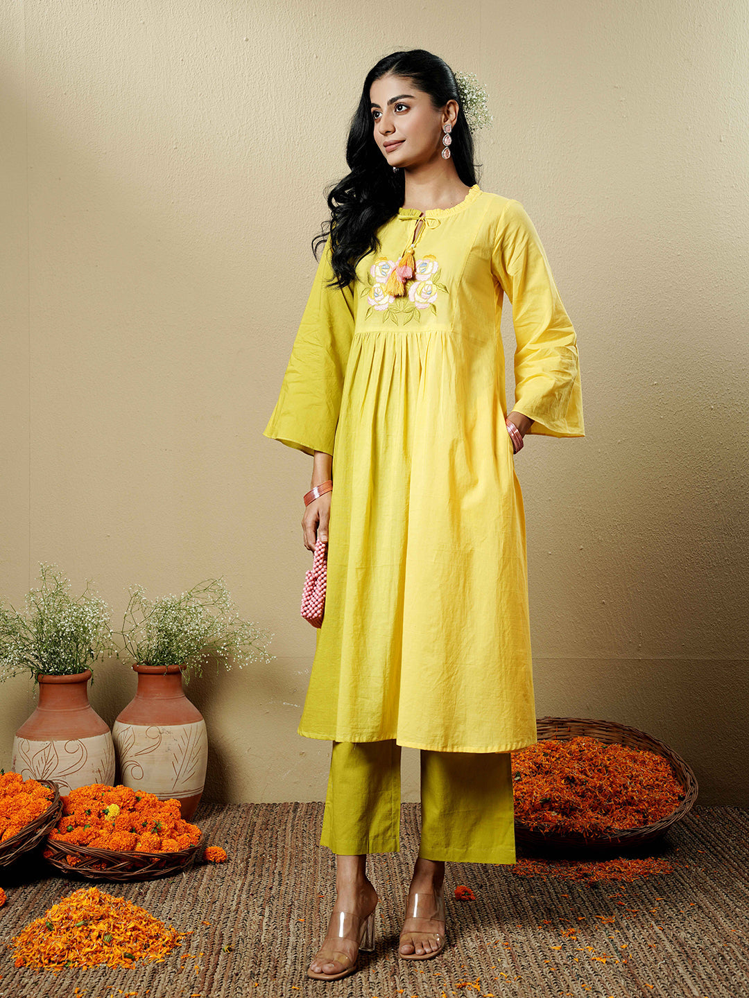 Green-Yellow Ombre Embroidered Cotton Kurta Set