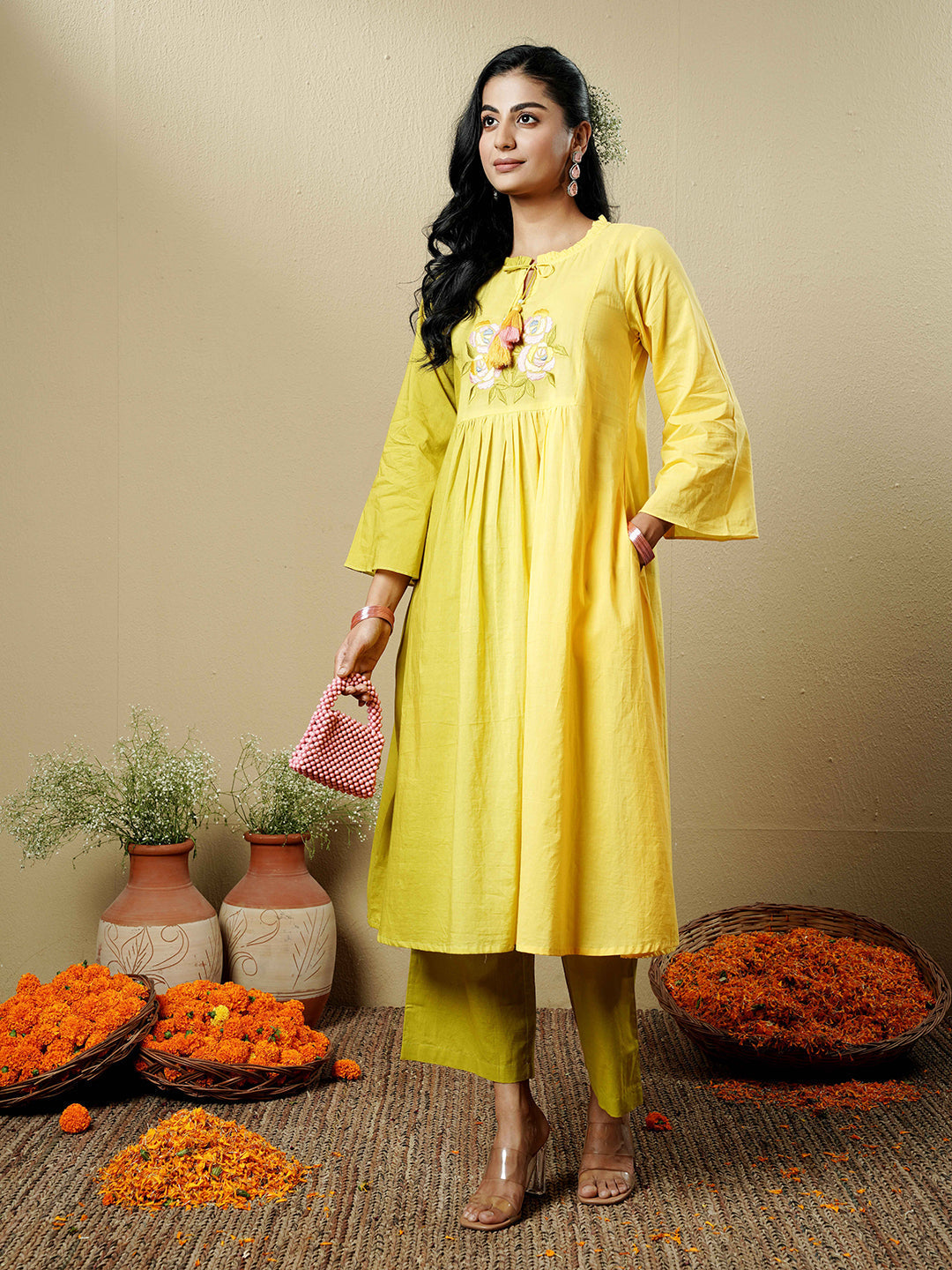Green-Yellow Ombre Embroidered Cotton Kurta Set