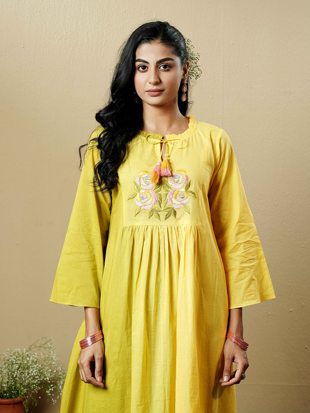 Green-Yellow Ombre Embroidered Cotton Kurta Set