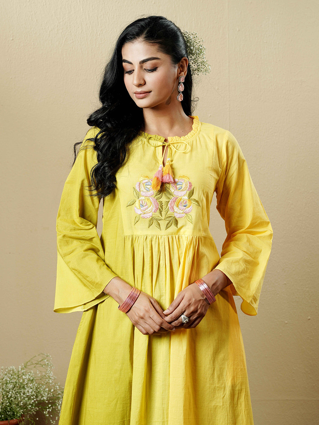Green-Yellow Ombre Embroidered Cotton Kurta Set