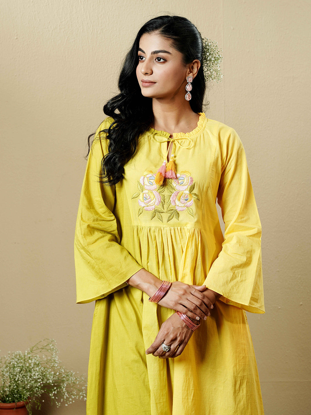 Green-Yellow Ombre Embroidered Cotton Kurta Set
