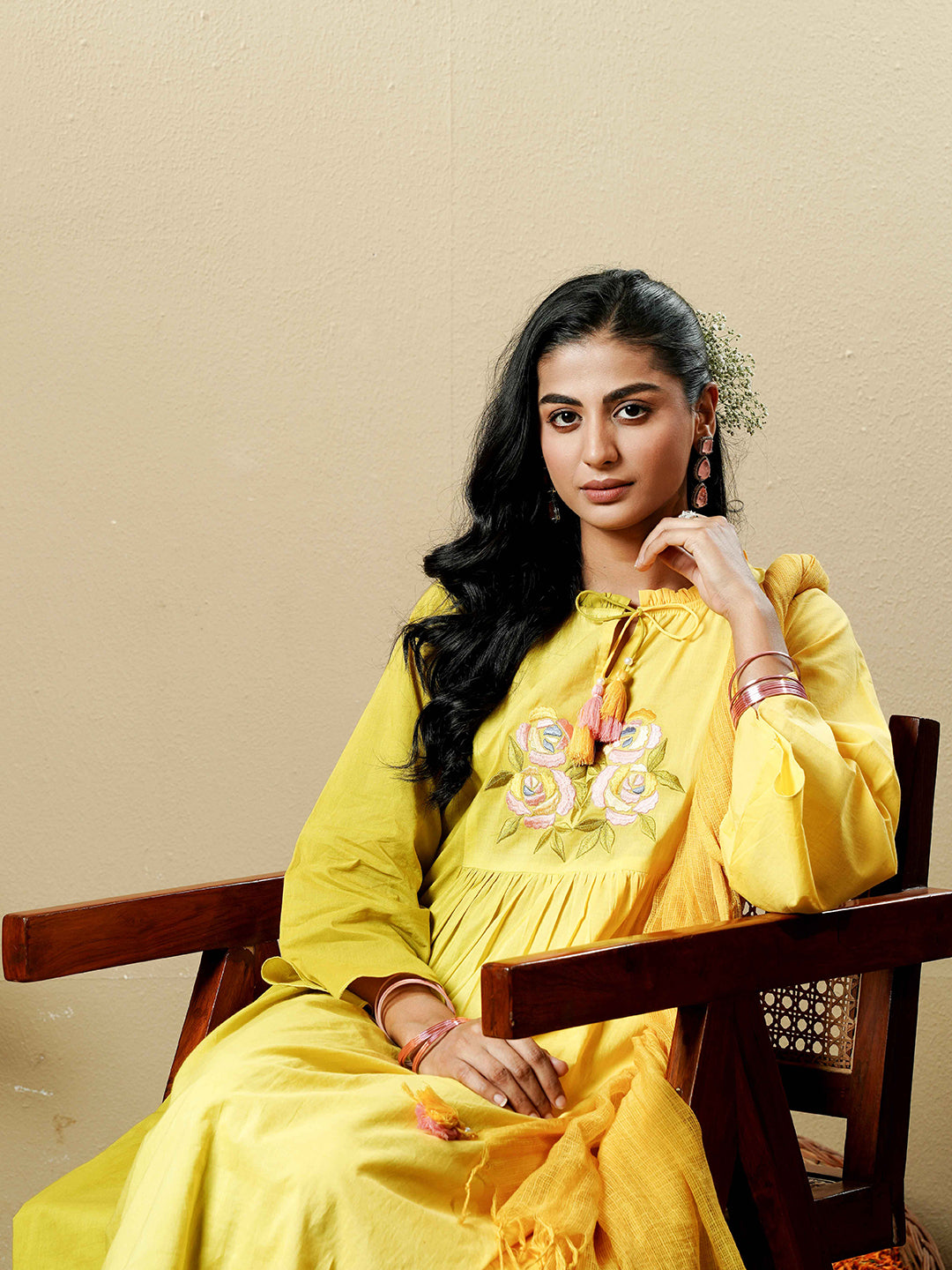 Green-Yellow Ombre Embroidered Cotton Kurta Set