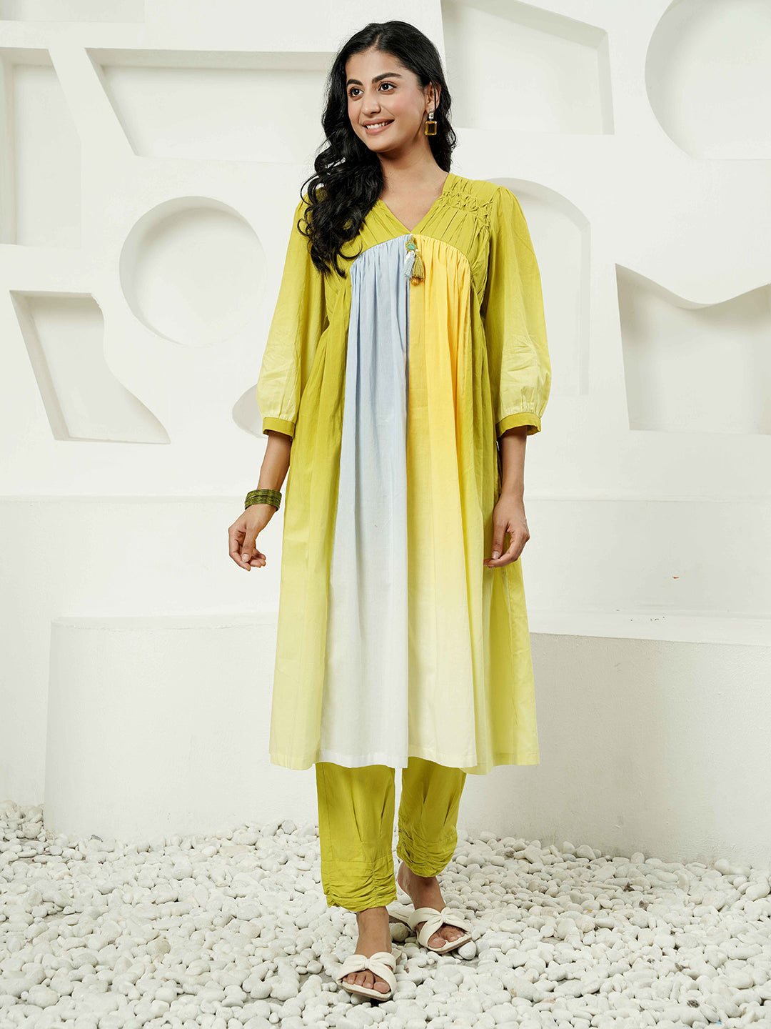 Lime-Yellow Ombre Cotton Kurta Set