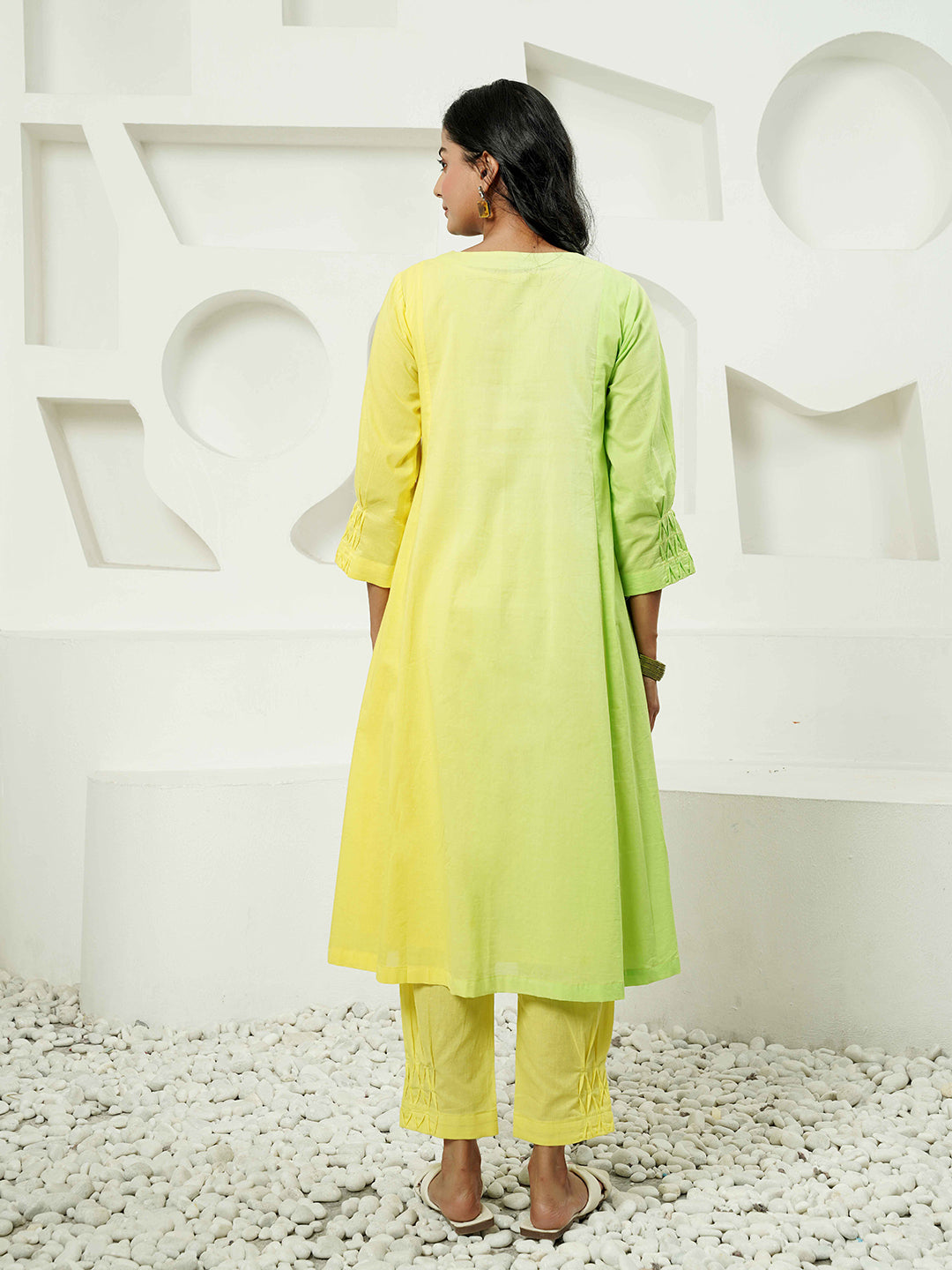 Green-Yellow Pintuck Detailing Cotton Kurta Set