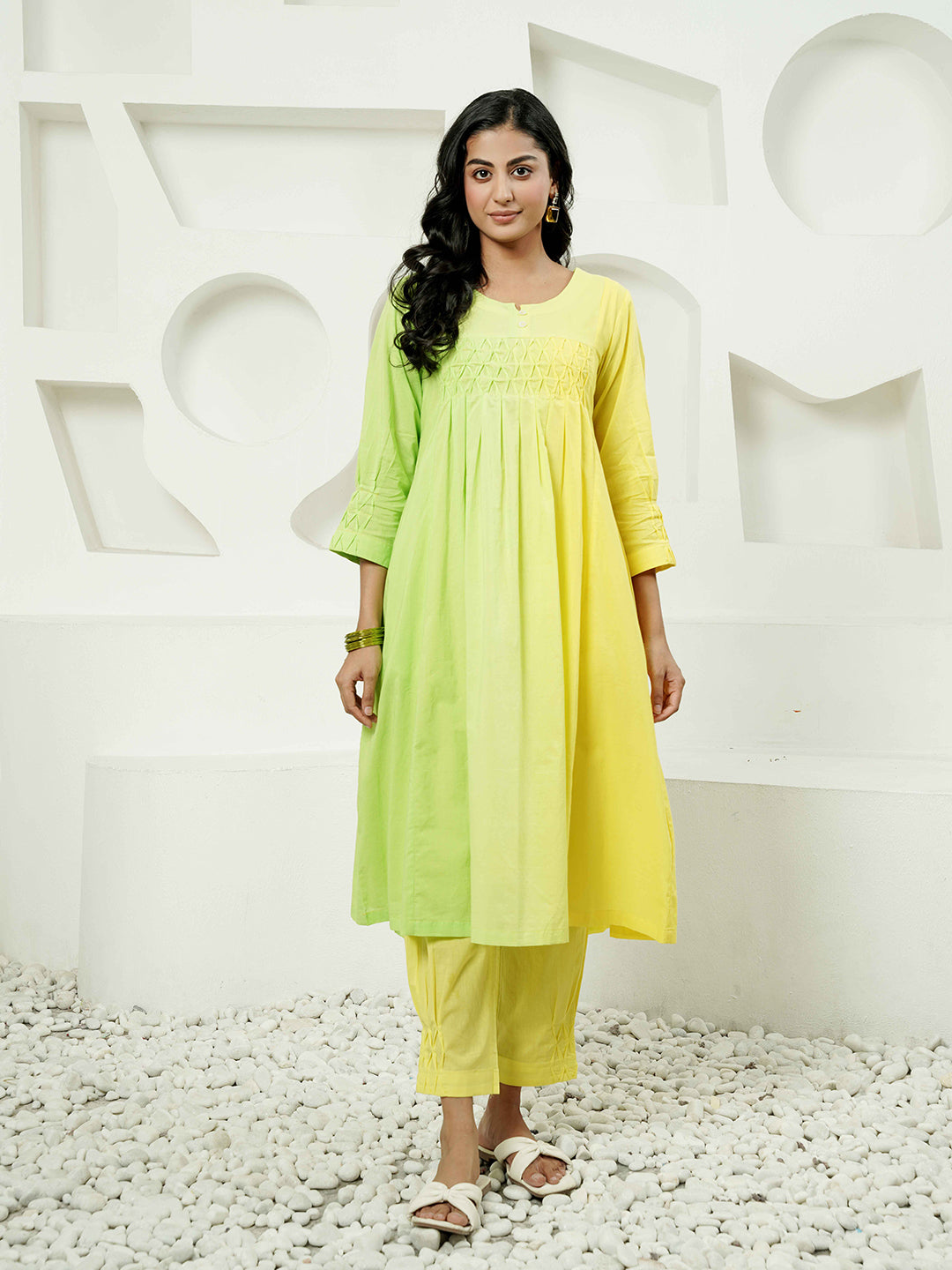 Green-Yellow Pintuck Detailing Cotton Kurta Set