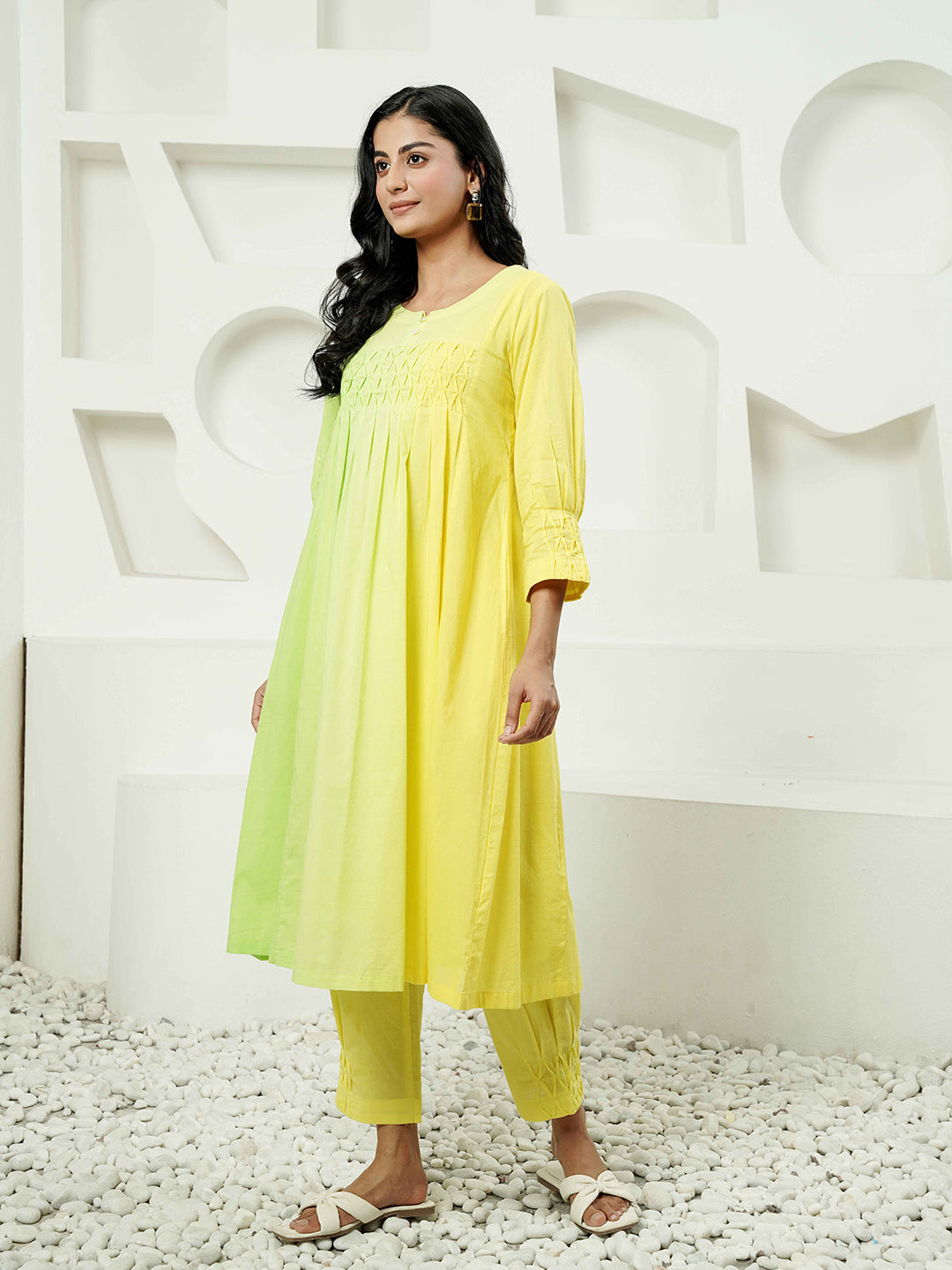 Green-Yellow Pintuck Detailing Cotton Kurta Set