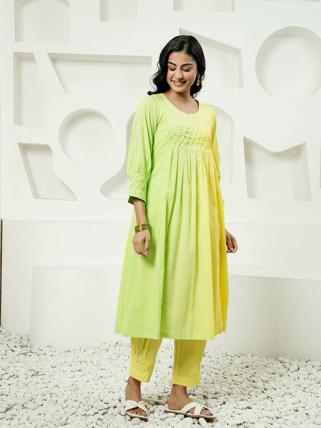 Green-Yellow Pintuck Detailing Cotton Kurta Set