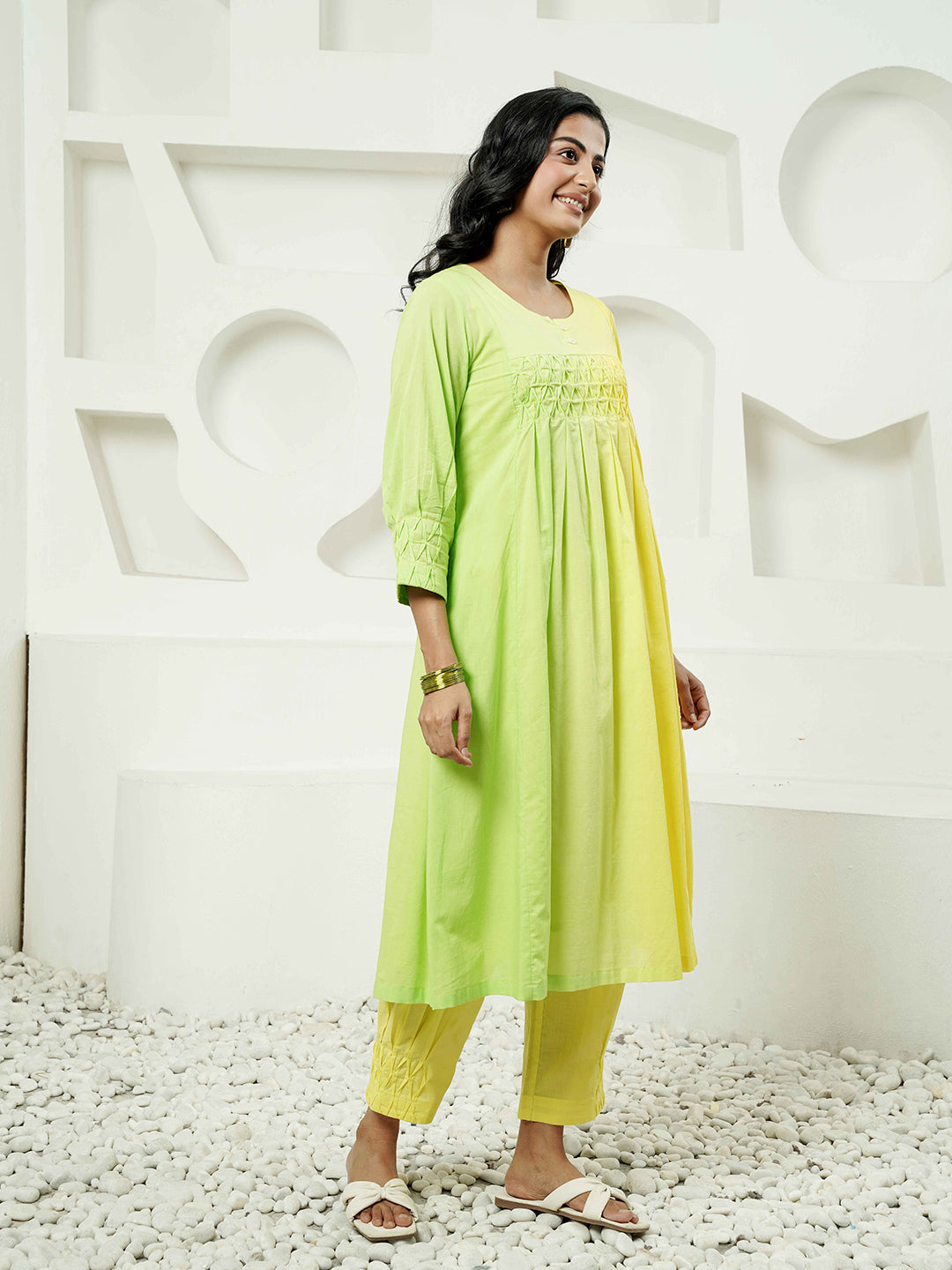 Green-Yellow Pintuck Detailing Cotton Kurta Set