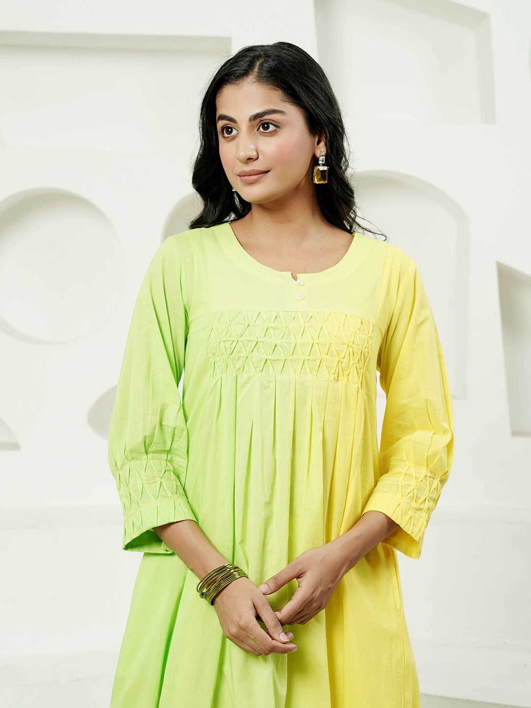 Green-Yellow Pintuck Detailing Cotton Kurta Set