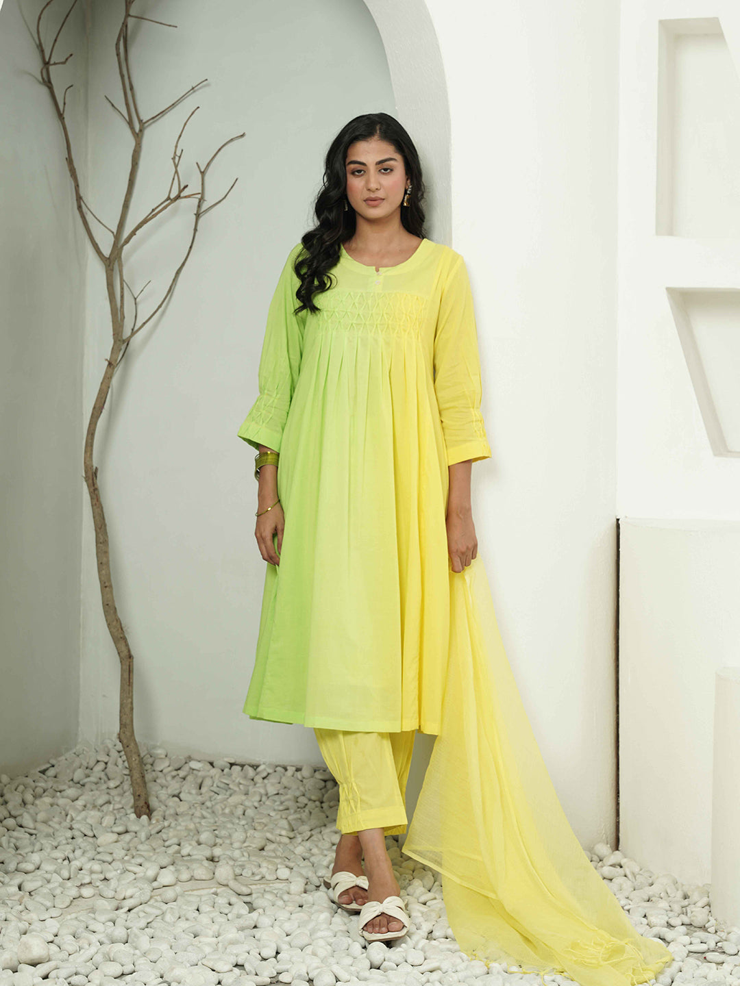Green-Yellow Pintuck Detailing Cotton Kurta Set