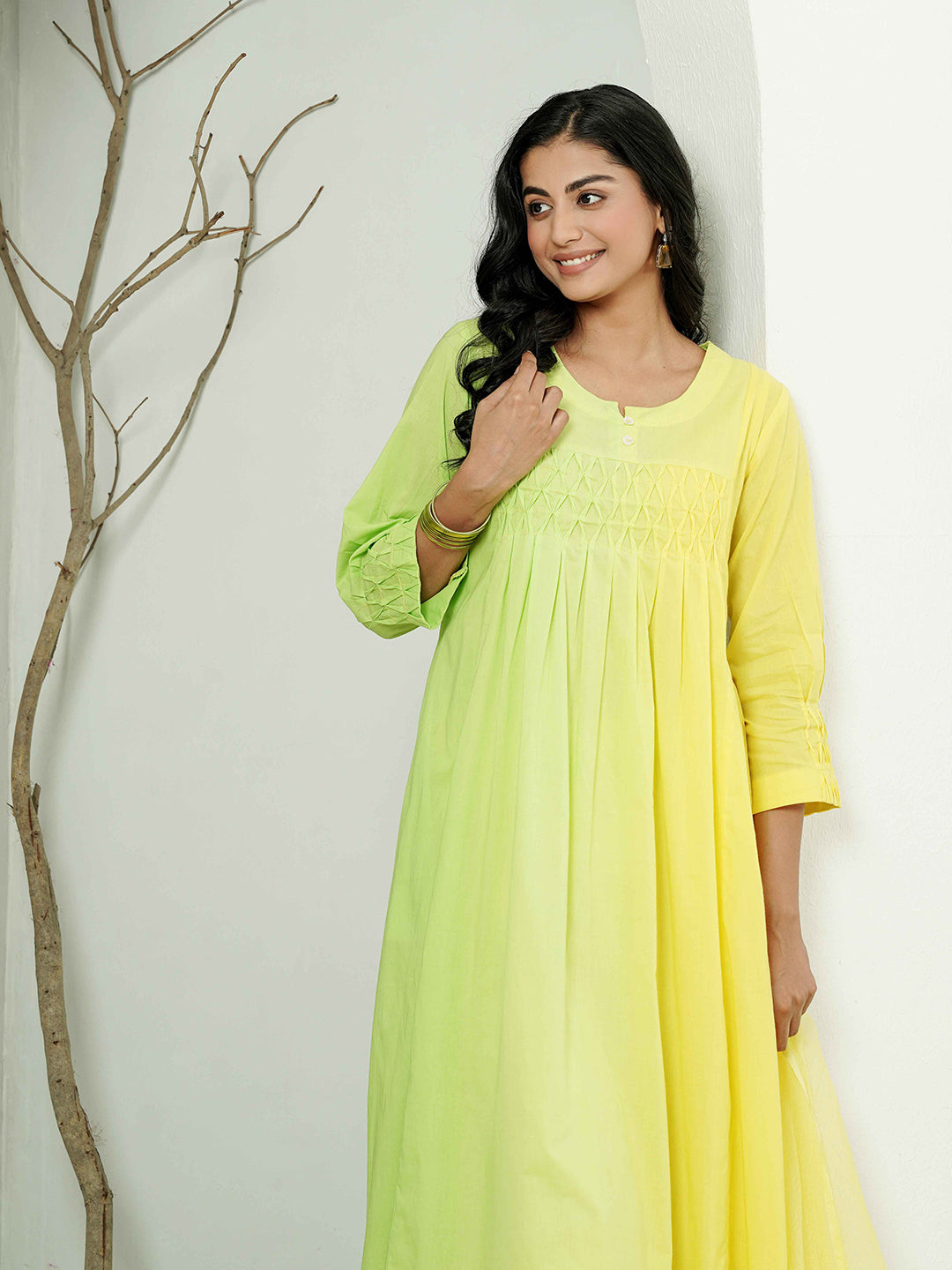 Green-Yellow Pintuck Detailing Cotton Kurta Set