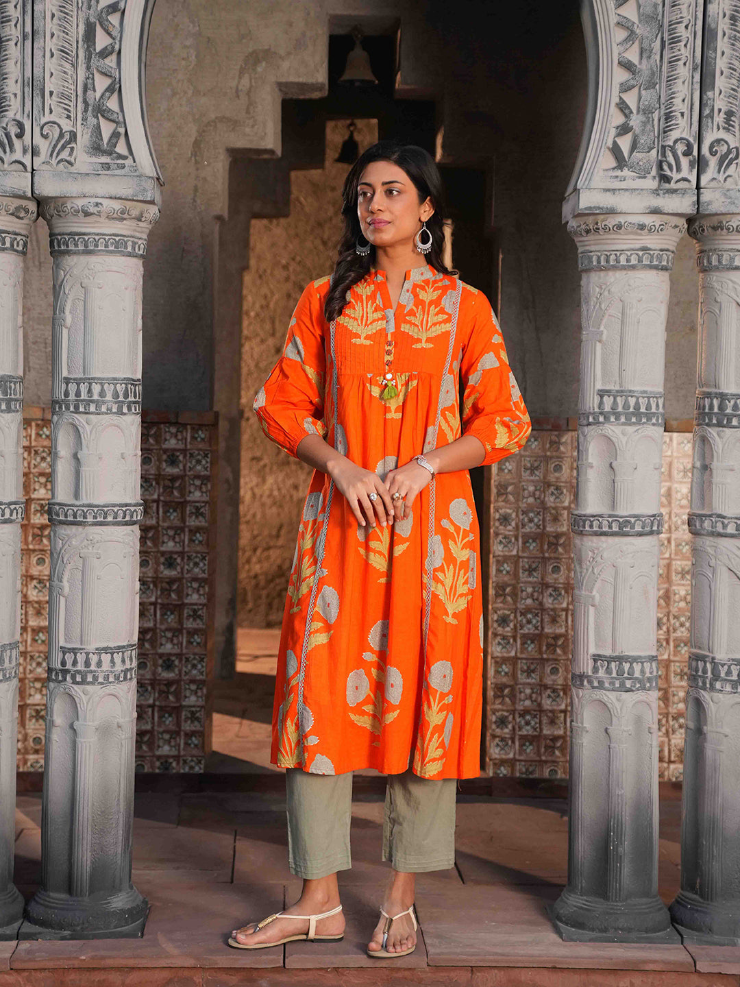 Orange Botanical Pintuck Detailing Cotton Kurta Set
