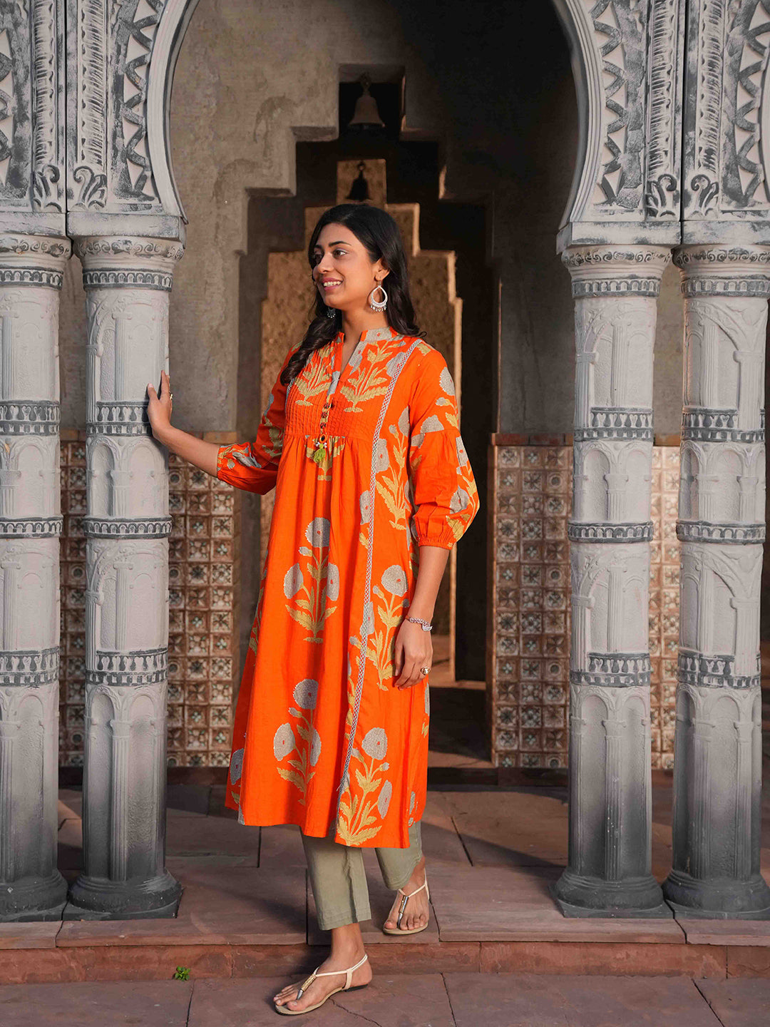 Orange Botanical Pintuck Detailing Cotton Kurta Set