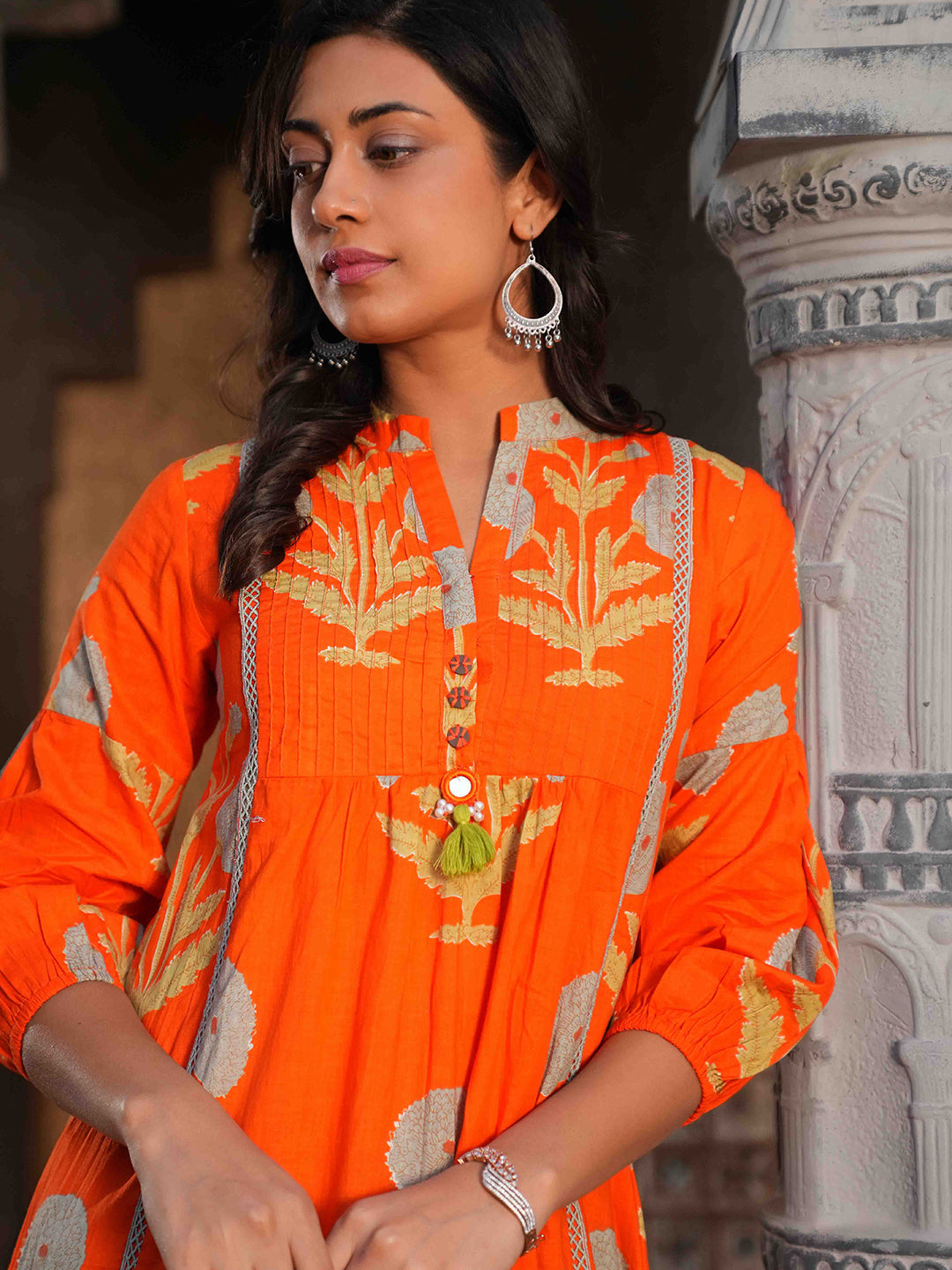 Orange Botanical Pintuck Detailing Cotton Kurta Set