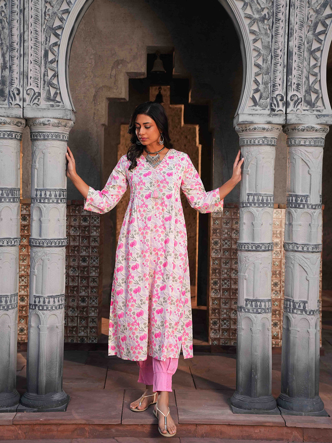 Peach Dori Cotton Kurta Set