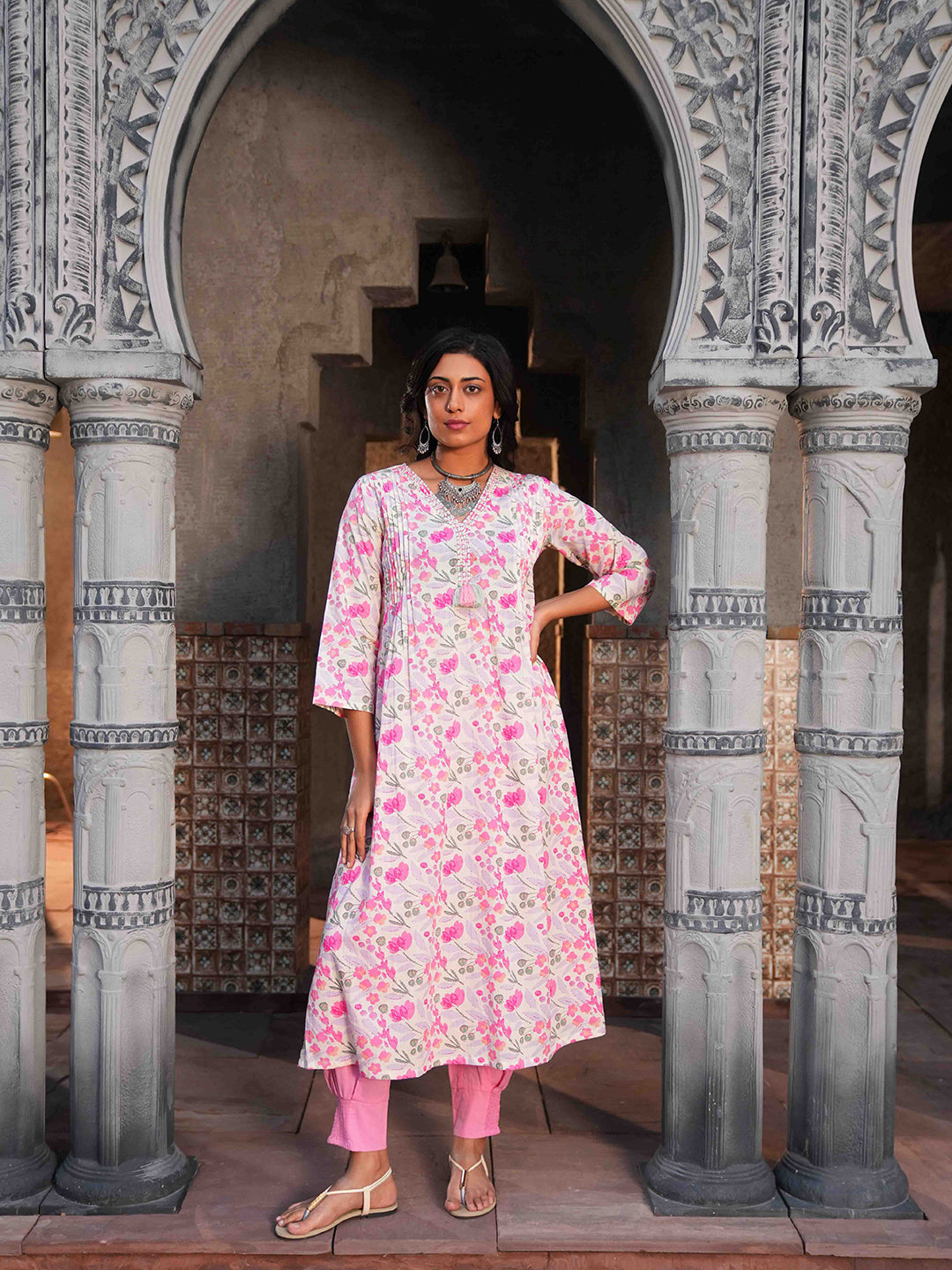 Peach Dori Cotton Kurta Set