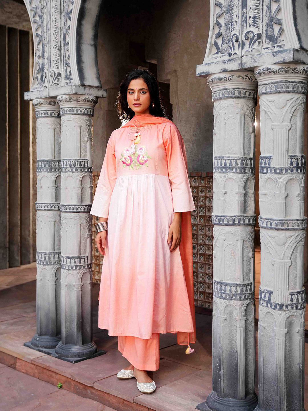 Peach Pink Embroidered Ombre Cotton Kurta Set & Dupatta